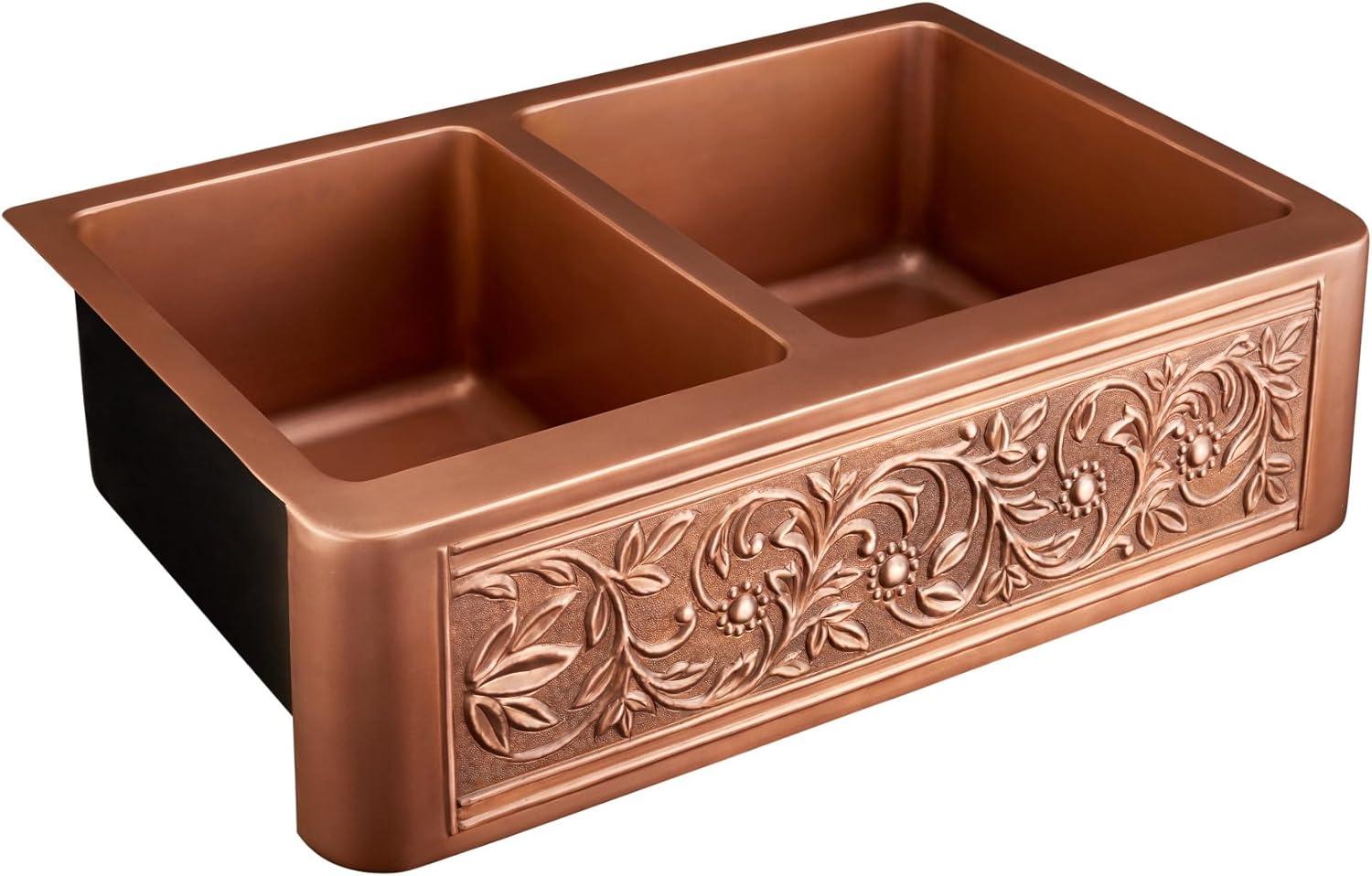 Signature Hardware 318919 33" Vine Design 60/40 Offset Double-Bowl Copper Farmhouse Sink