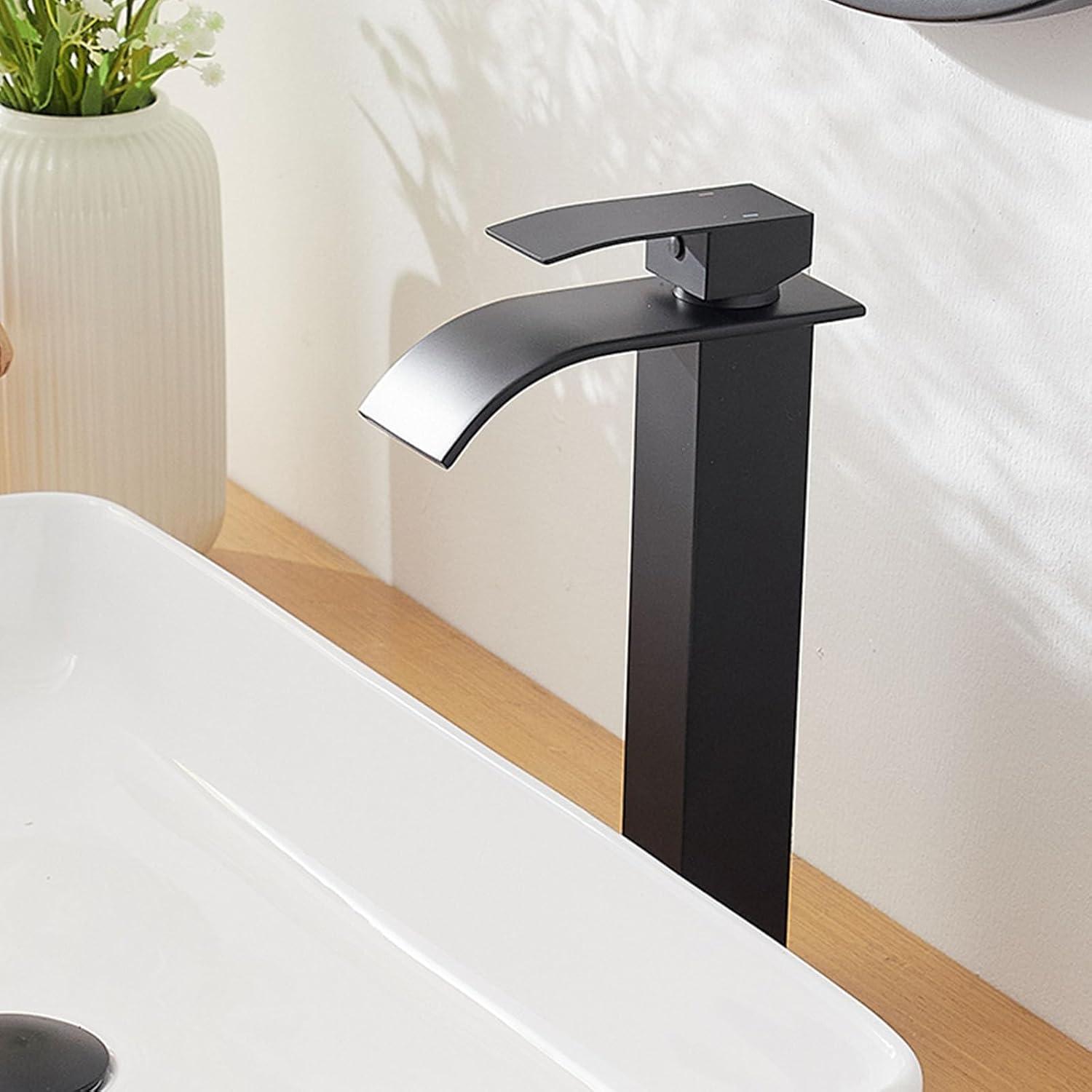 Waterfall Bathroom Faucet Single Handle，Bathroom Sink Faucet 1 Hole，Waterfall Faucet for Bathroom Sink，Vessel Sink Faucet Matte Black Tall Bathroom Faucet