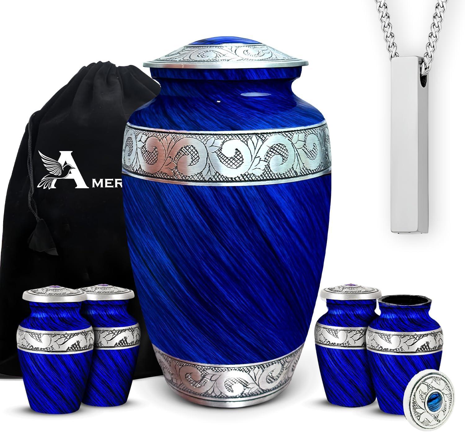AmericUrn Set of 6 Urn for Ashes Adult Male with 1 Large Blue Urn 4 Small Keepsakes & 1 NecklaceUrn