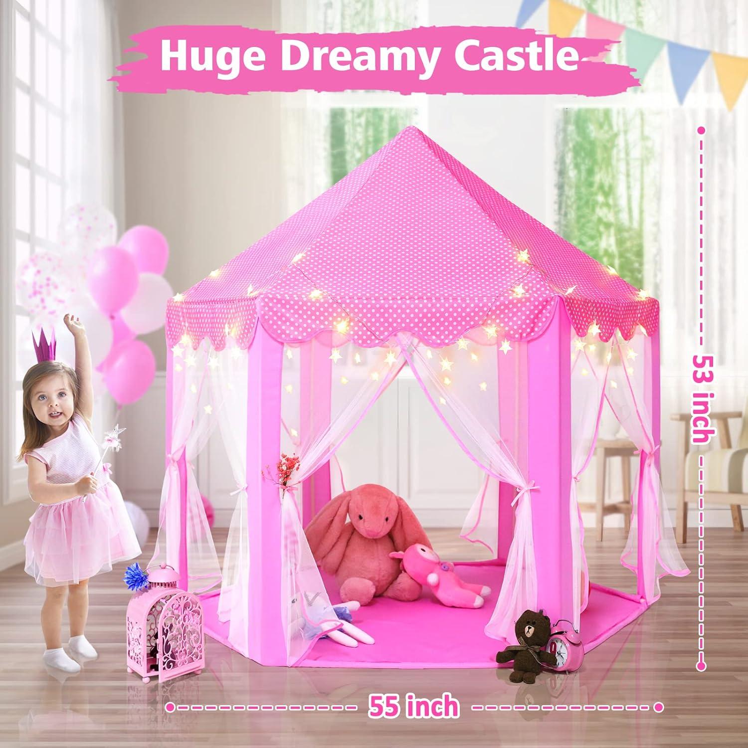 Princess Playhouse Play Tent with LED Lights, Large Collapsible Indoor / Outdoor Kids Teepee with Carrying Bag