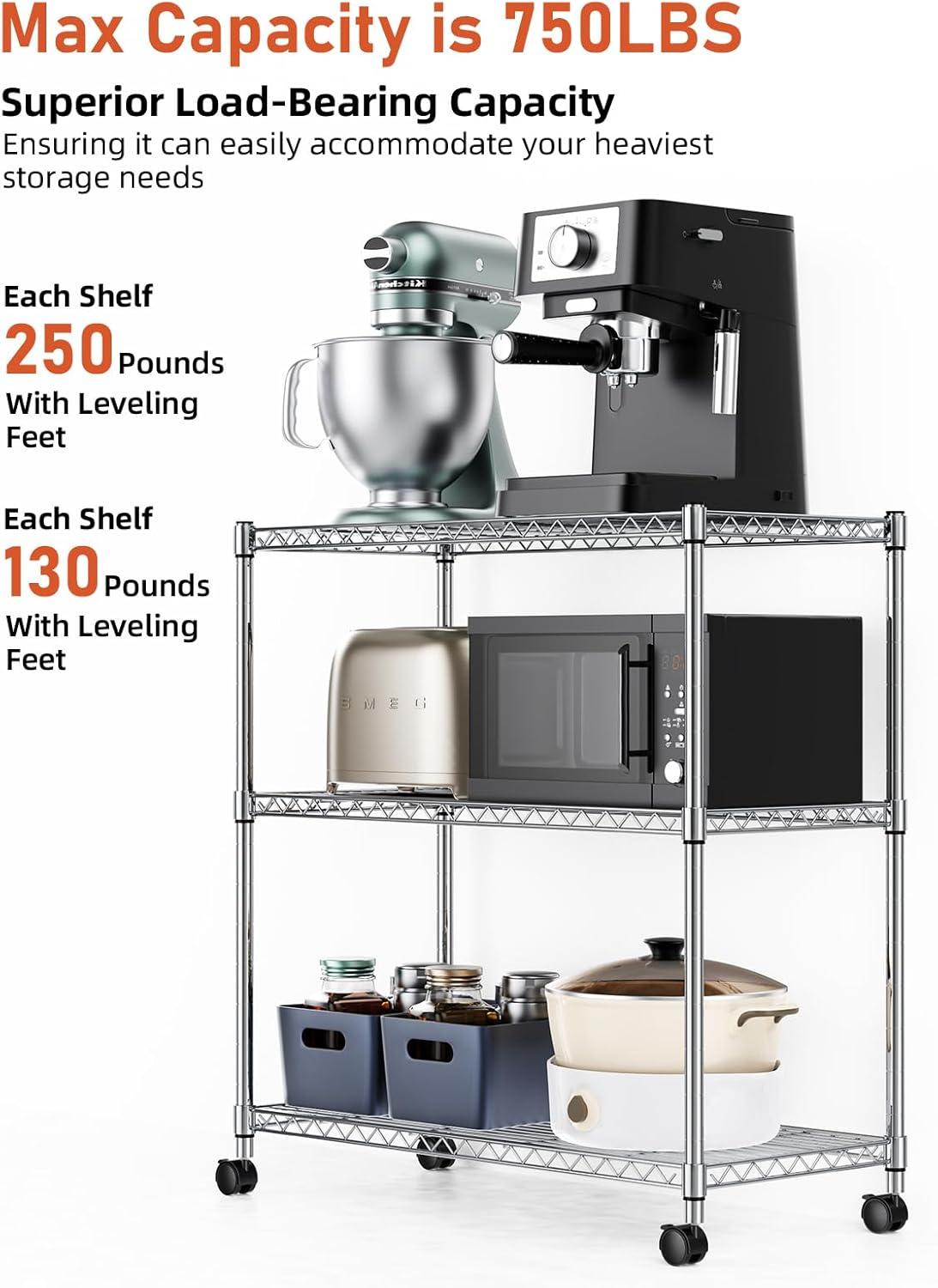 YSSOA Heavy Duty 3-Shelf Shelving with Wheels, Adjustable Storage Units, Steel Organizer Wire Rack, Plug Version