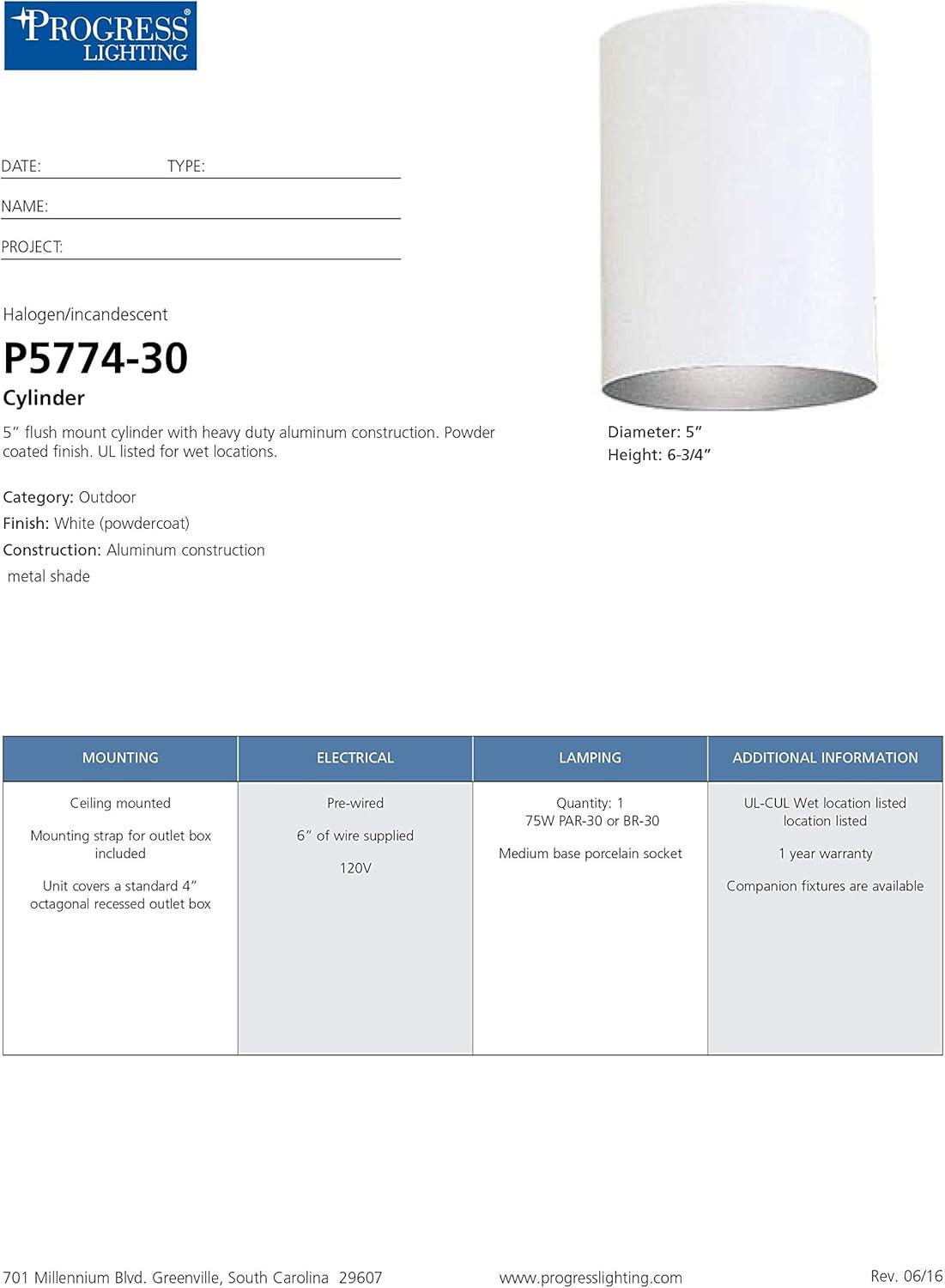 Progress Lighting, Cylinder, 1-Light, Flush Mount, Antique Bronze, LED Collection: Cylinder, Material: Aluminum, Finish Color: White