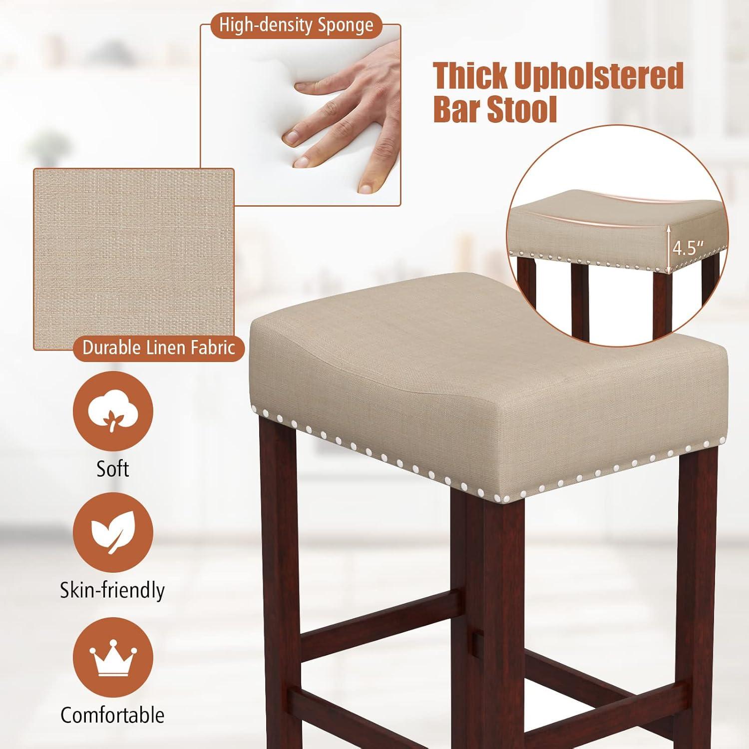 Costway Set of 2 Bar Stools Counter Height Saddle Kitchen Chairs with Wooden Legs Beige