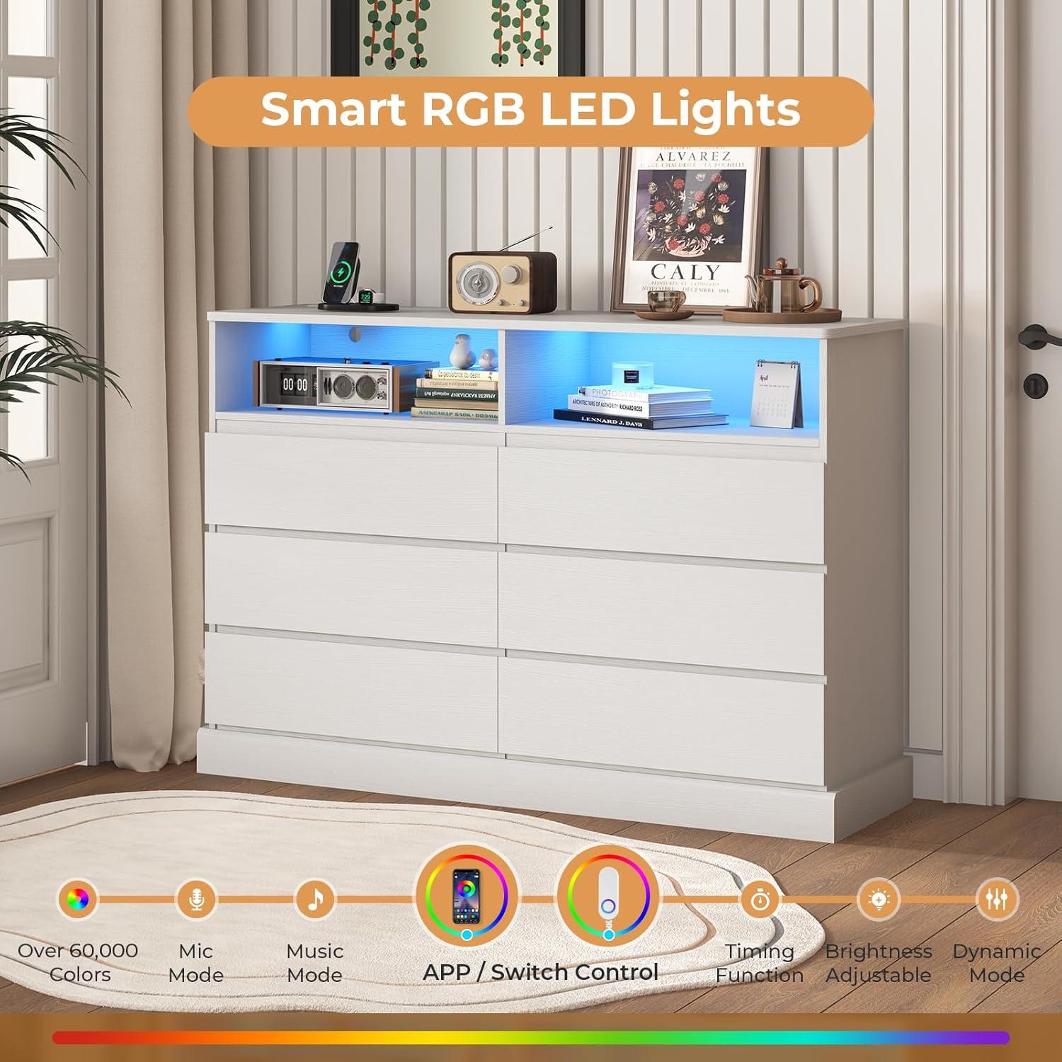 6 Drawers Dresser Storage Cabinets for Bedroom, Dresser Chest of Drawers with Charging Station&LED Lights for Living Room, White