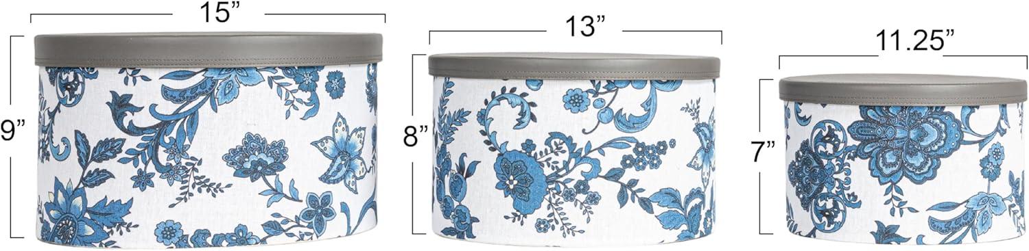 Floral Nestable Hat Boxes with Faux Leather Lids, Cream and Blue, Set of 3