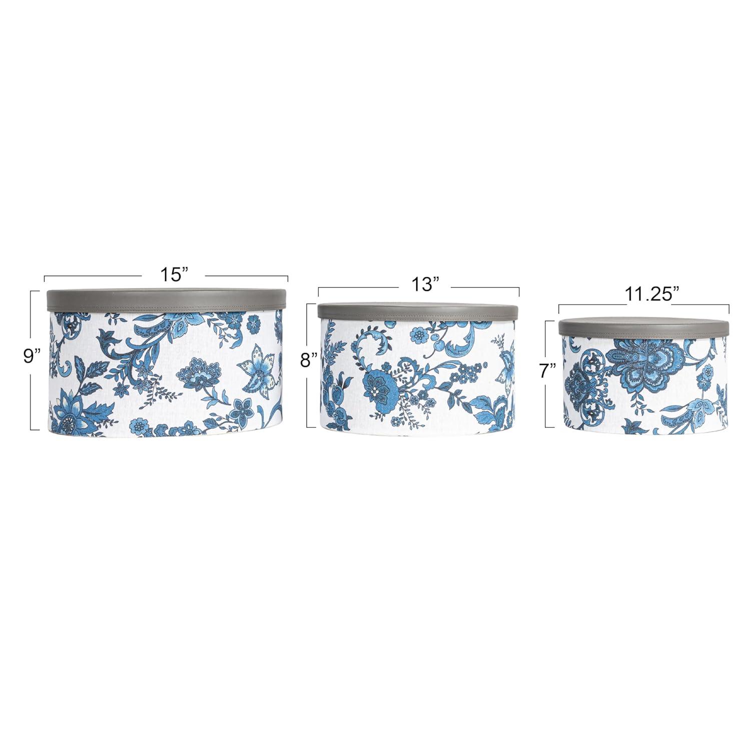 Floral Nestable Hat Boxes with Faux Leather Lids, Cream and Blue, Set of 3