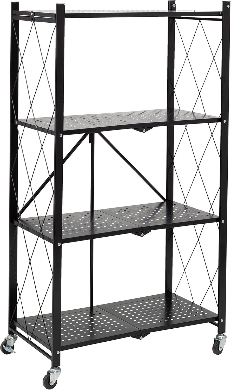 Black Metal 4-Tier Foldable Shelf Rack with Wheels