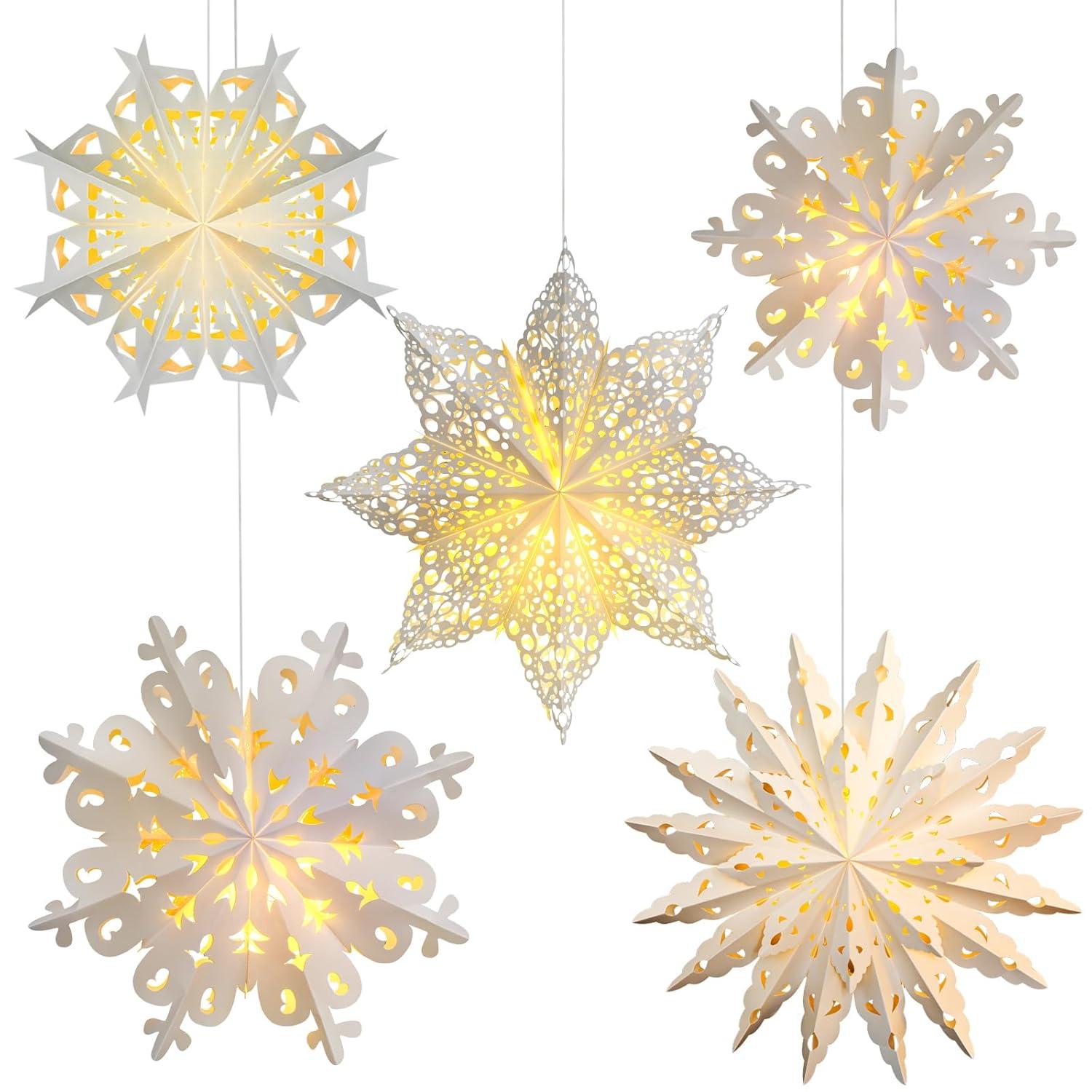 Mudder 5 Pieces Christmas Snowflake Paper Lantern with 7 Light up Star Paper 3D Hanging Lantern Lamp Party Decoration for Weddings Holiday Xmas Trees(Cute Style,White)