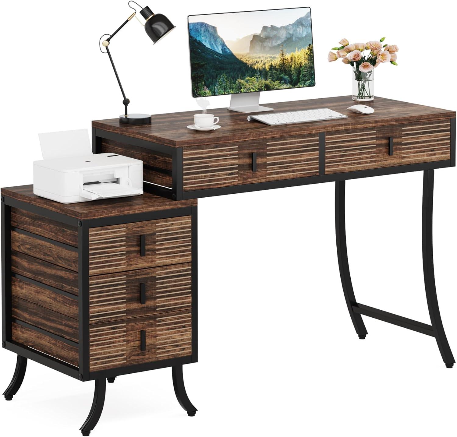 Tribesigns 55" Computer Desk, Industrial Home Office Desk with with 5 Drawers Reversible Drawer Cabinet for Home Office