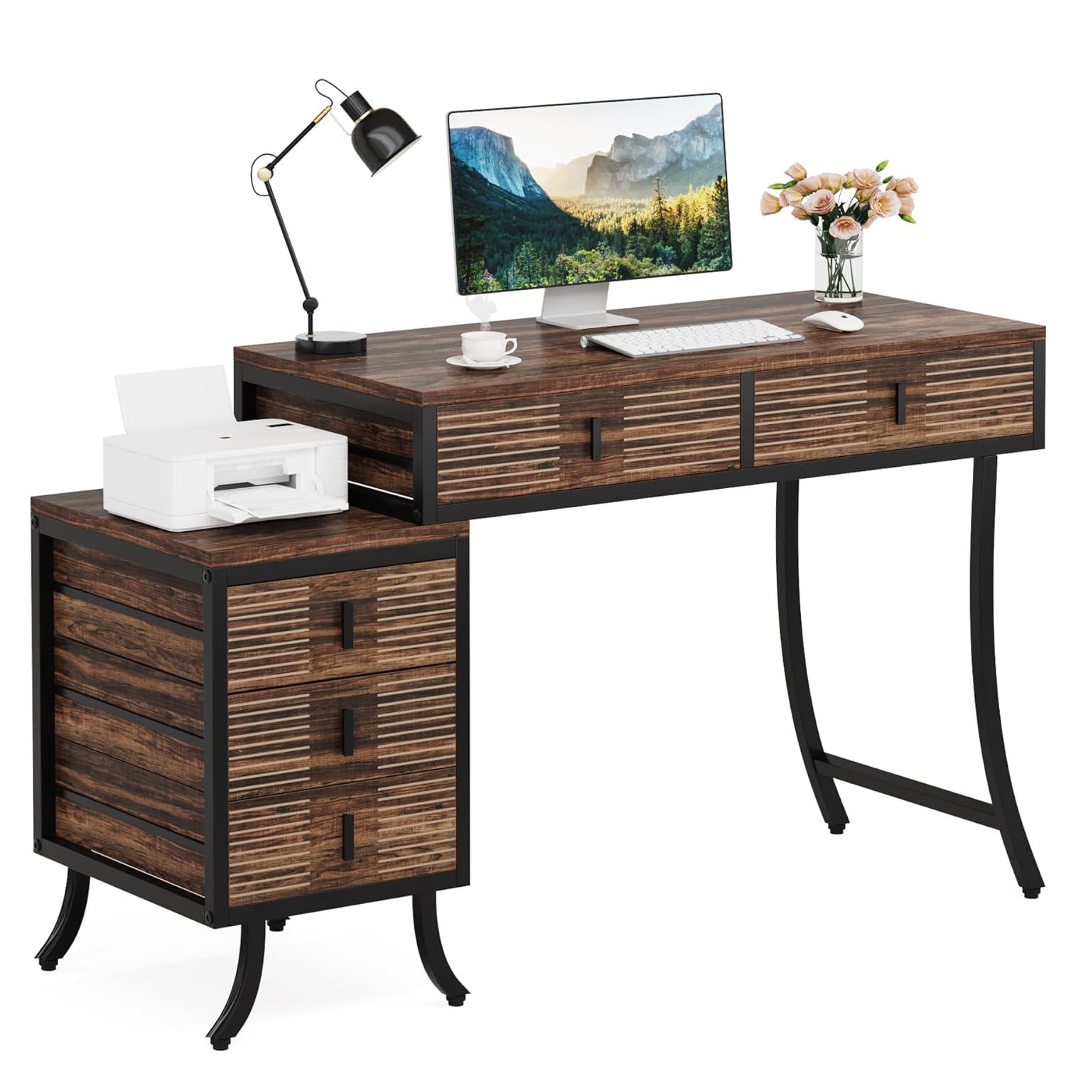 Finmind Computer Desk with 5 Drawers, 55" Home Office Desk with Reversible Drawer Cabinet