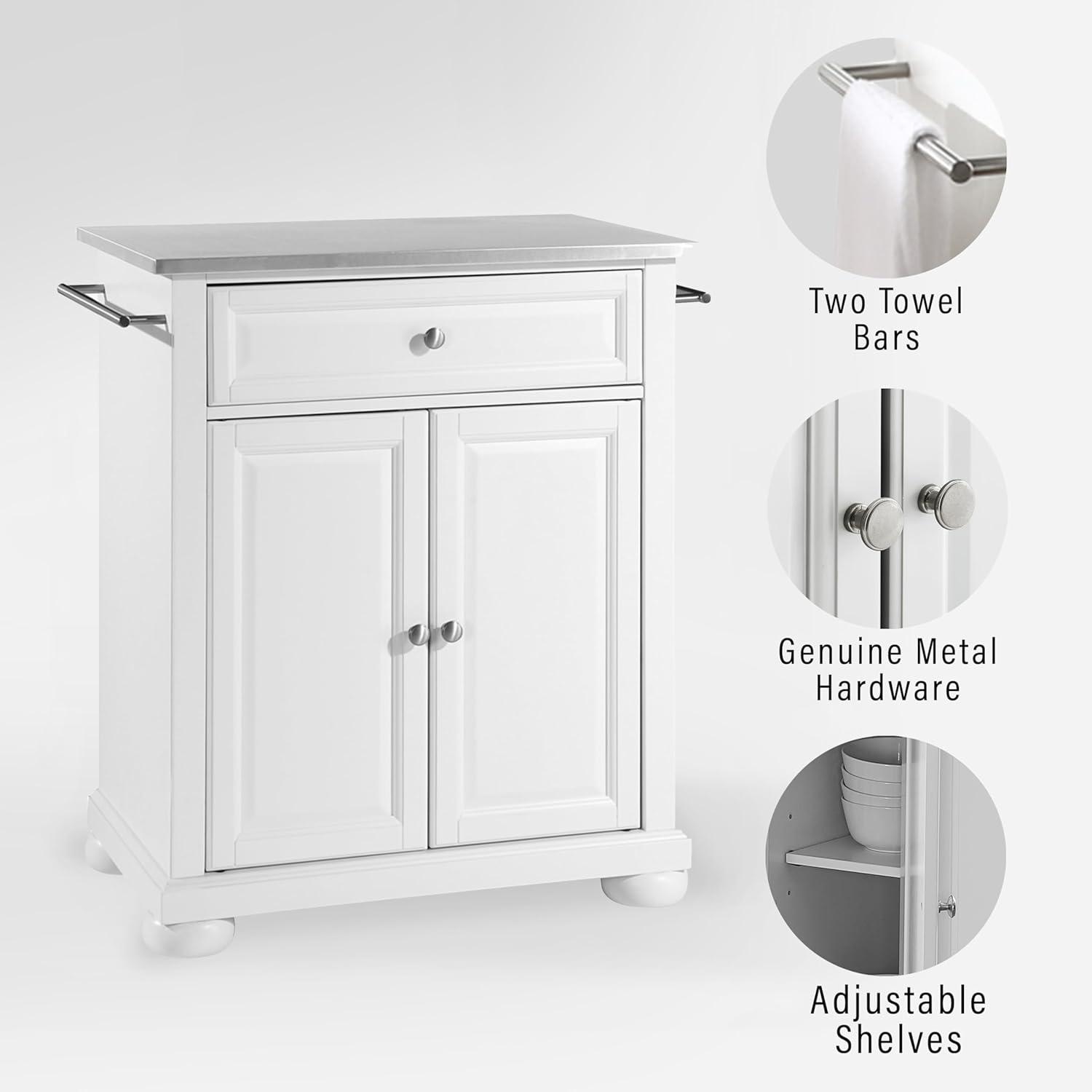 Crosley Alexandria Stainless Steel Top Portable Kitchen Island White : Hardwood Construction, Adjustable Shelf