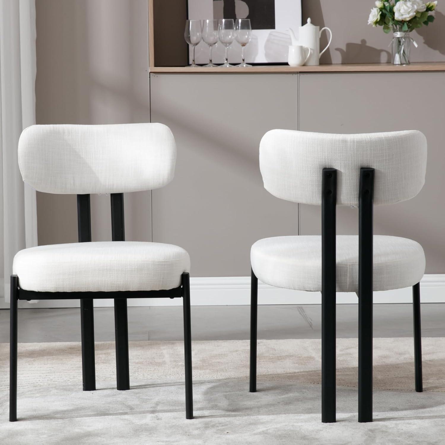 Set of 4 Beige Upholstered Dining Chairs with Black Metal Legs