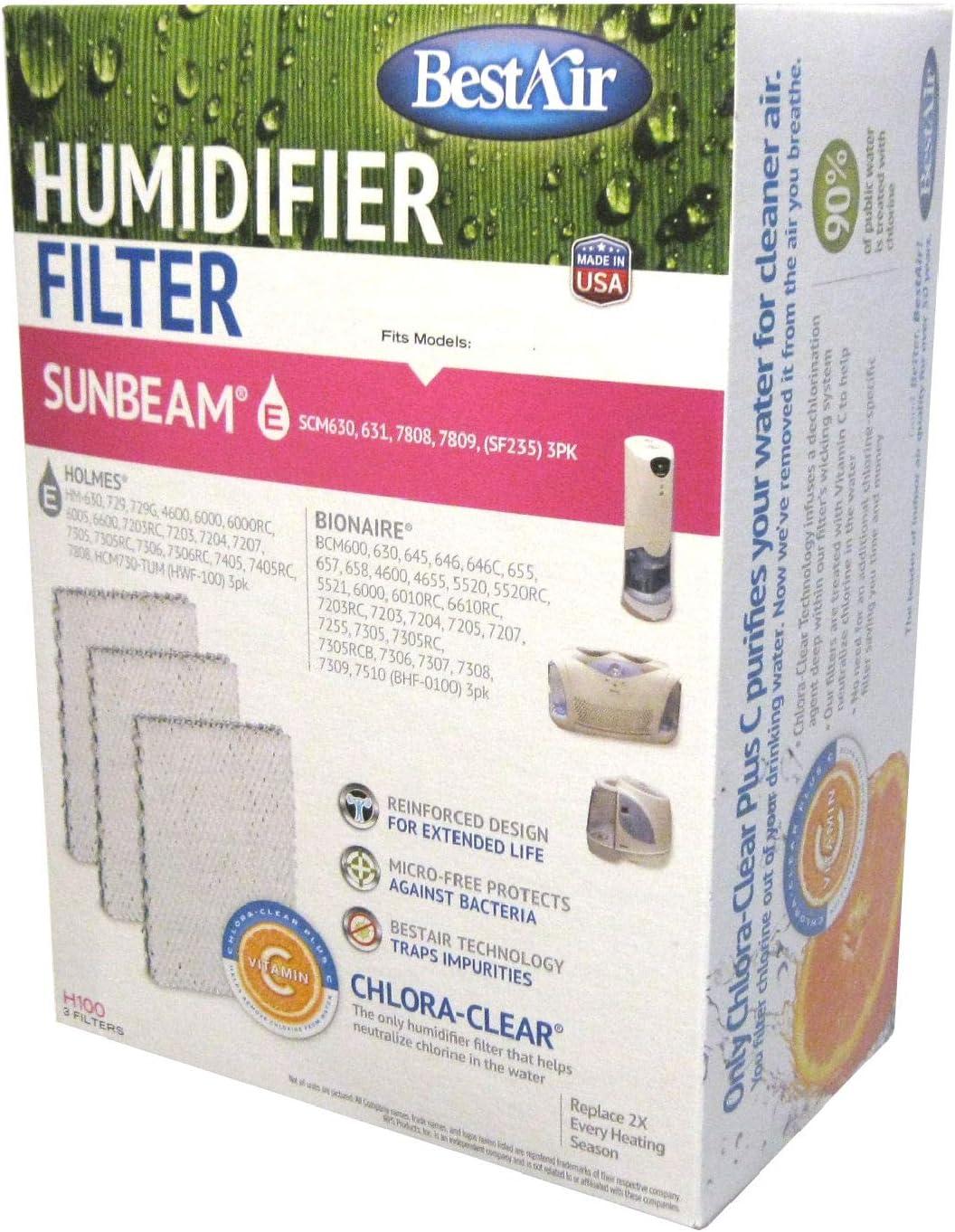 BestAir H100 Humidifier Replacement Wick Filter for Holmes models 5.8" x 7.8" x 3.4" (3 Filters)