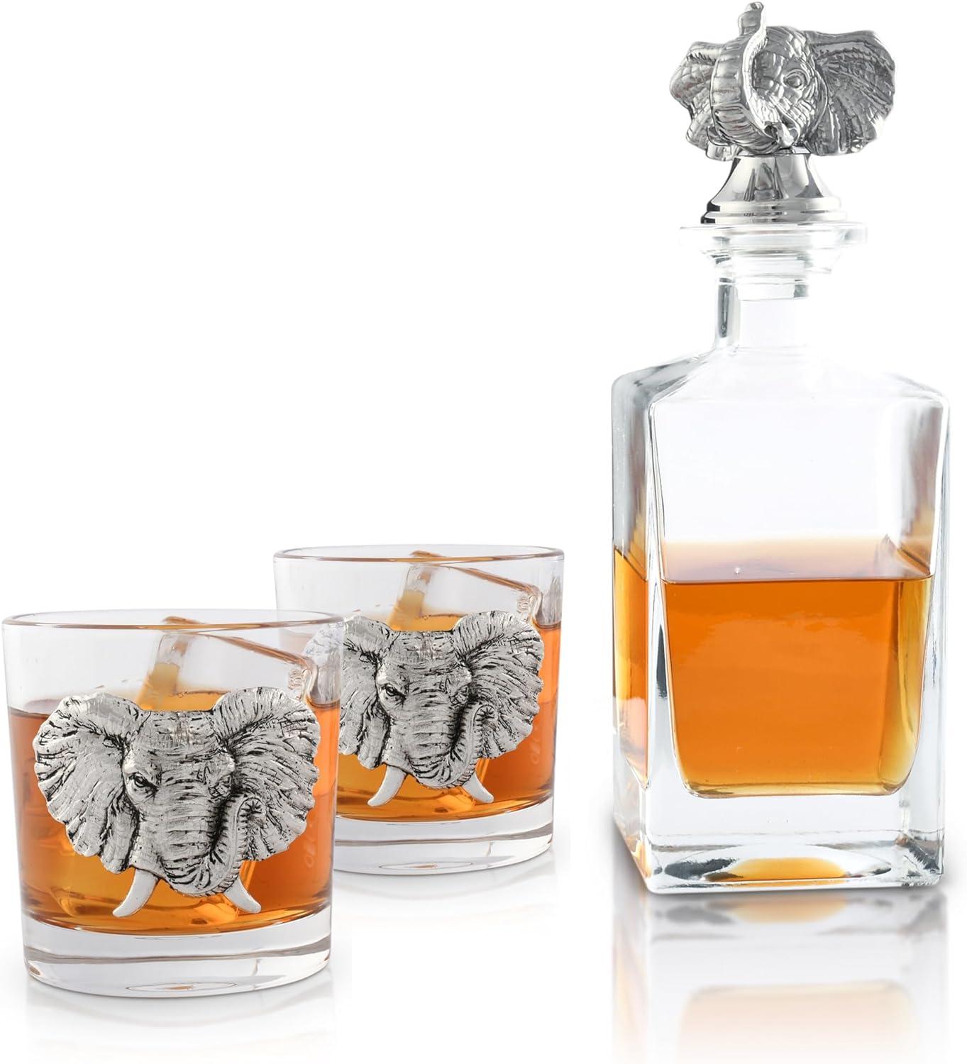 Arthur Court Designs Elephant Glass Whiskey Decanter with Pair of Double Old Fashion Glasses