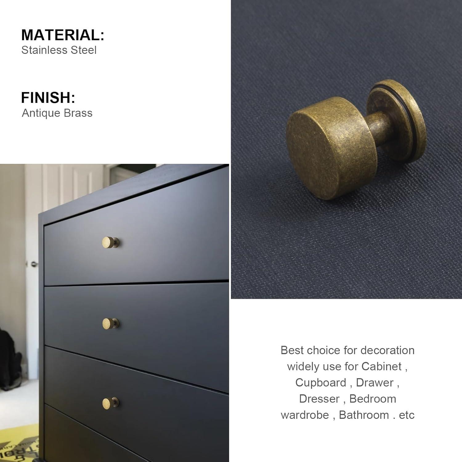 Set of 6 Antique Brass Drum Cabinet Knobs for Drawers, Heavy-Duty Solid Zinc Handles, 1" Diameter for Farmhouse & Modern Kitchen Hardware