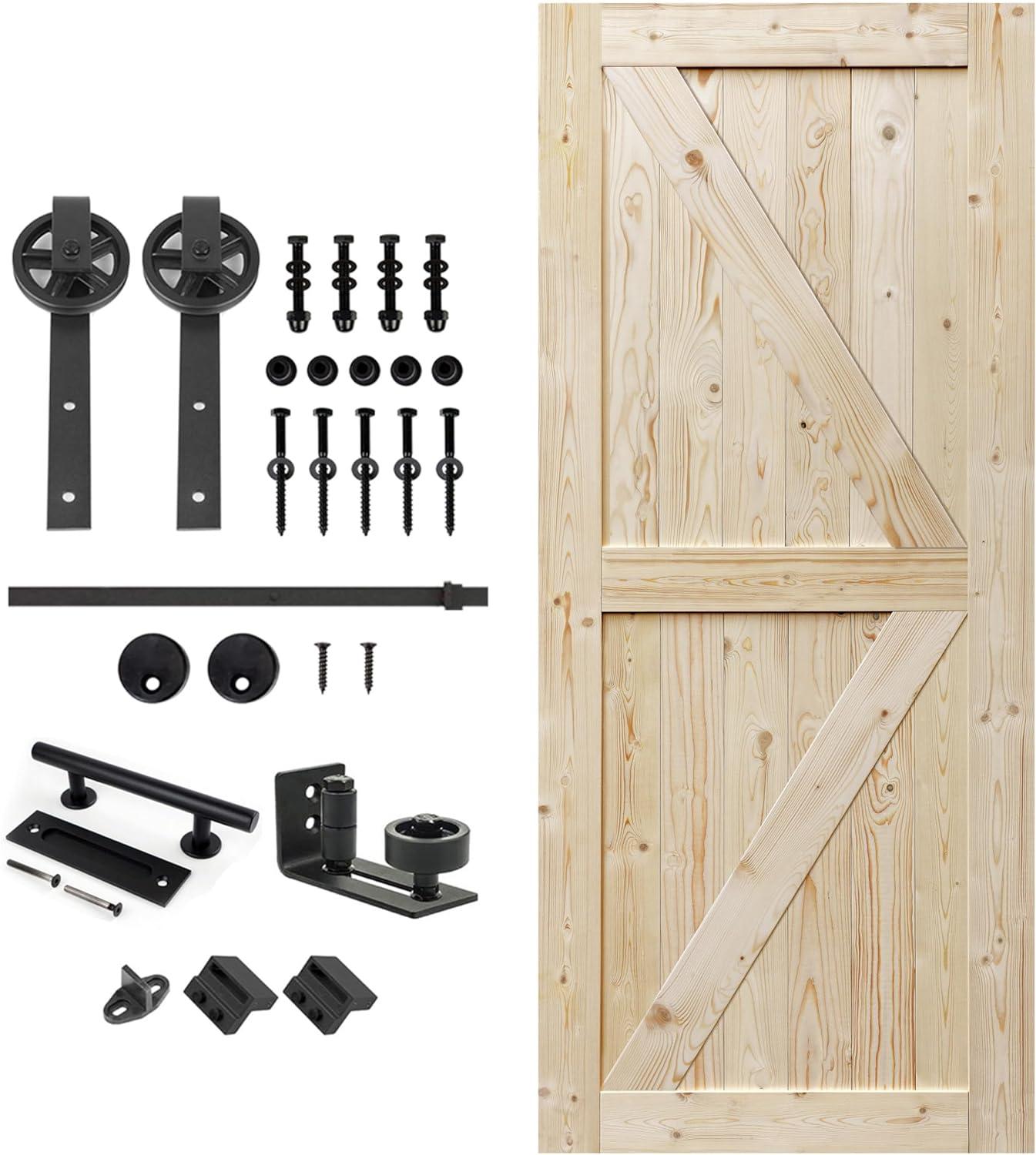 S&Z TOPHAND S&Z TOPHAND Unfinished British Brace Knotty Barn Door with Sliding Door Hardware Kit/Solid Wood/Sliding Door/Double Surfaces/A Simple Assembly is Required