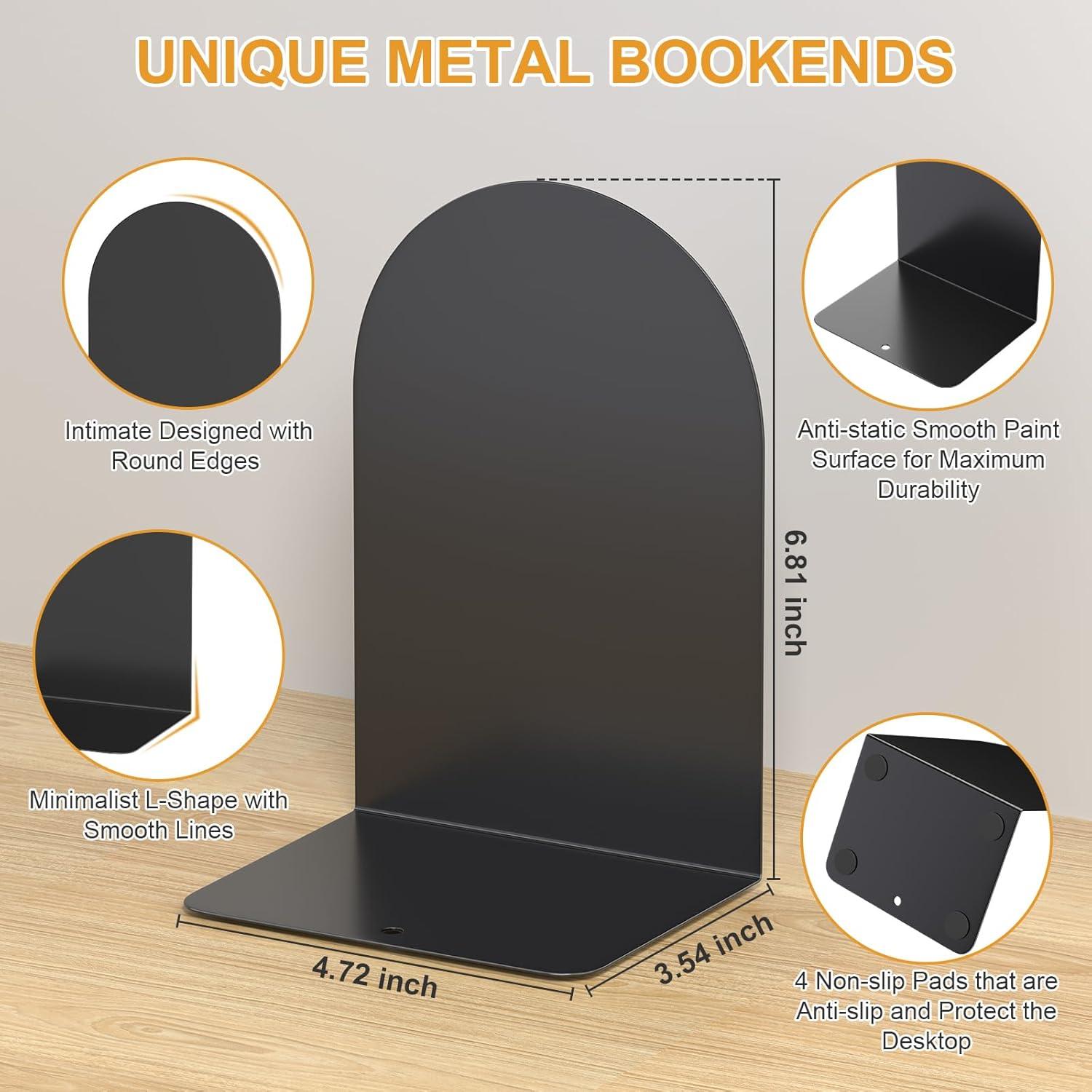 1 Pair Metal Bookend Heavy Duty and Decorative Modern Design with Non-Skid Base (Black)