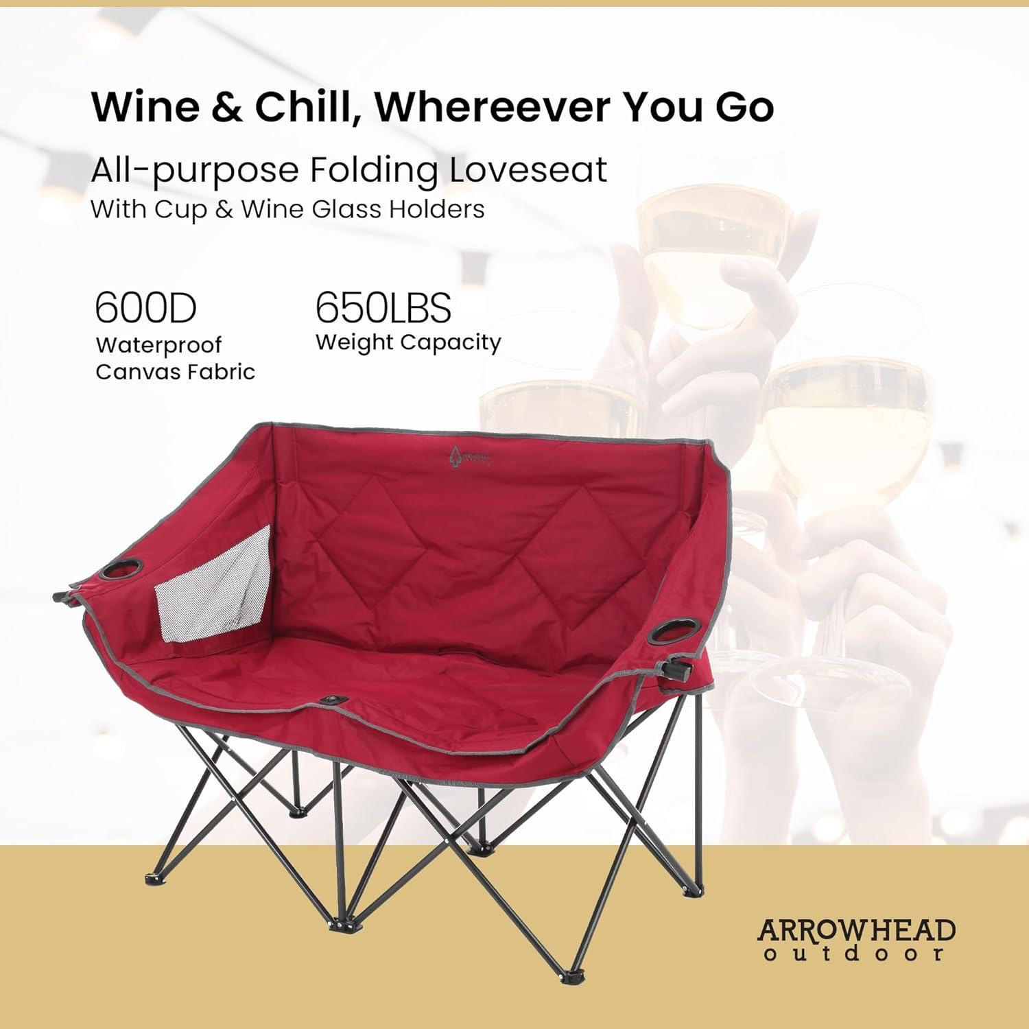 ARROWHEAD OUTDOOR Portable Folding Double Duo Camping Chair Loveseat w/ 2 Cup & Wine Glass Holder, Heavy-Duty Carrying Bag, Padded Seats & Armrests, Supports up to 500lbs, USA-Based Support (Red)
