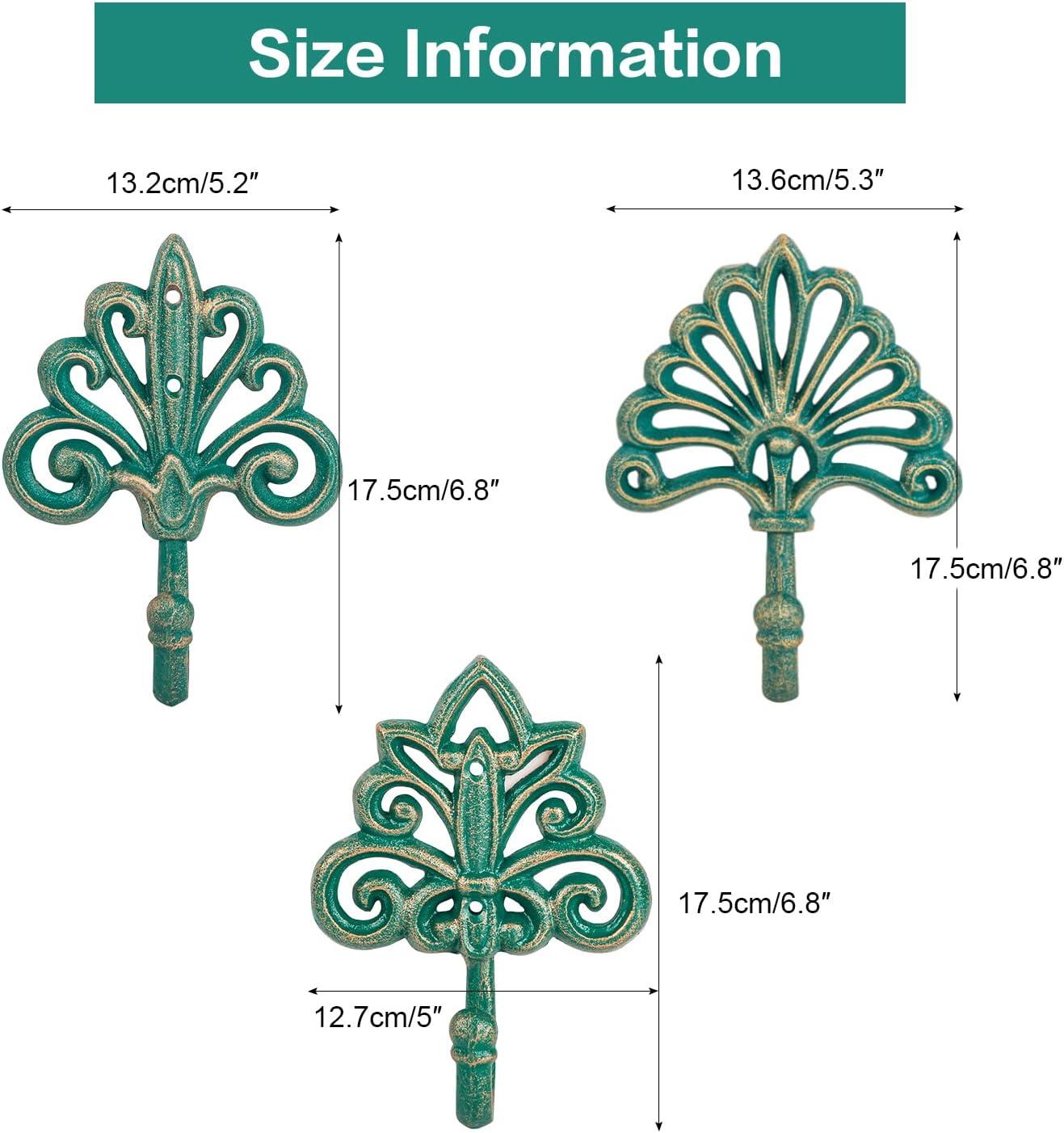 Antique Green Cast Iron Decorative Wall Hooks Set of 3