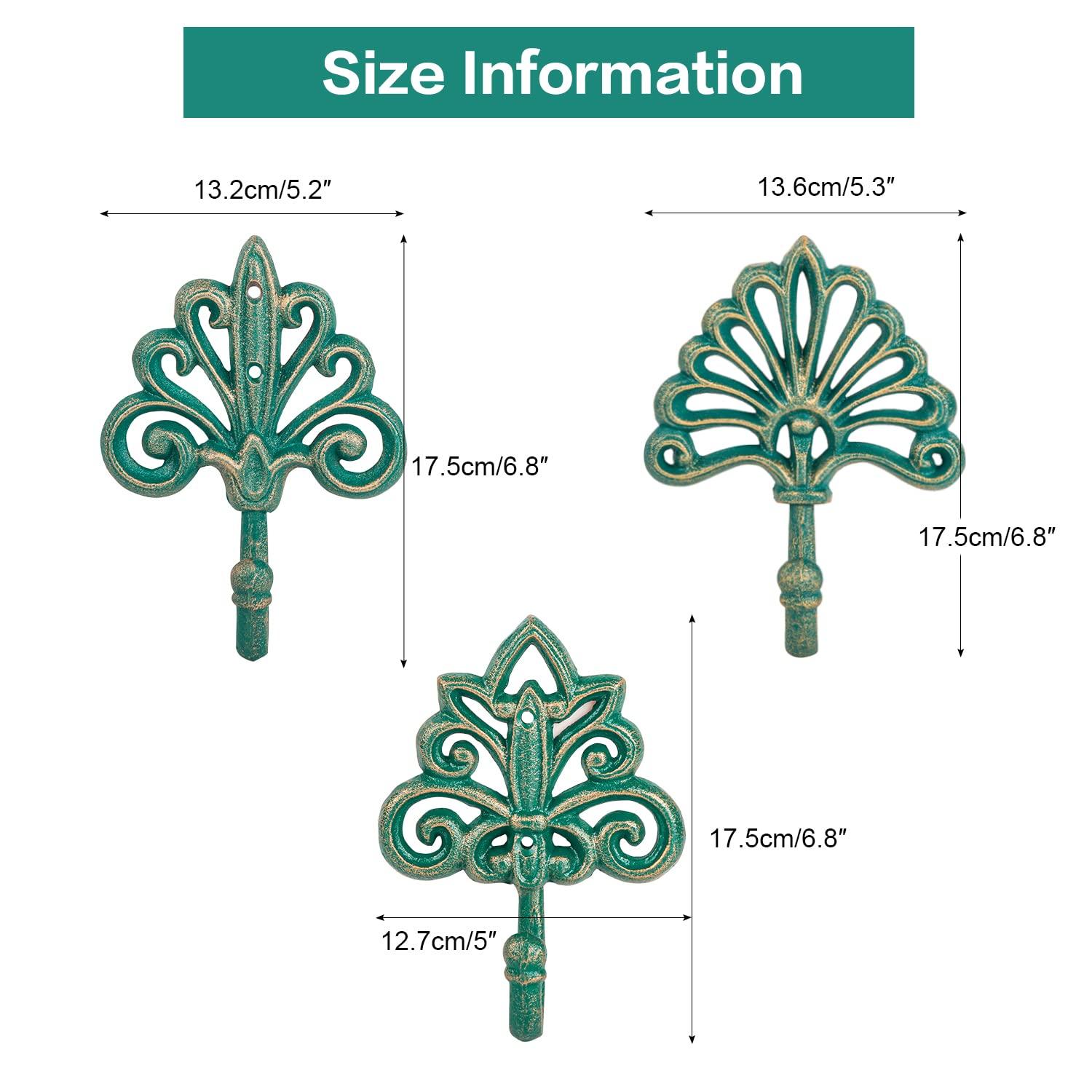 Antique Green Cast Iron Decorative Wall Hooks Set of 3