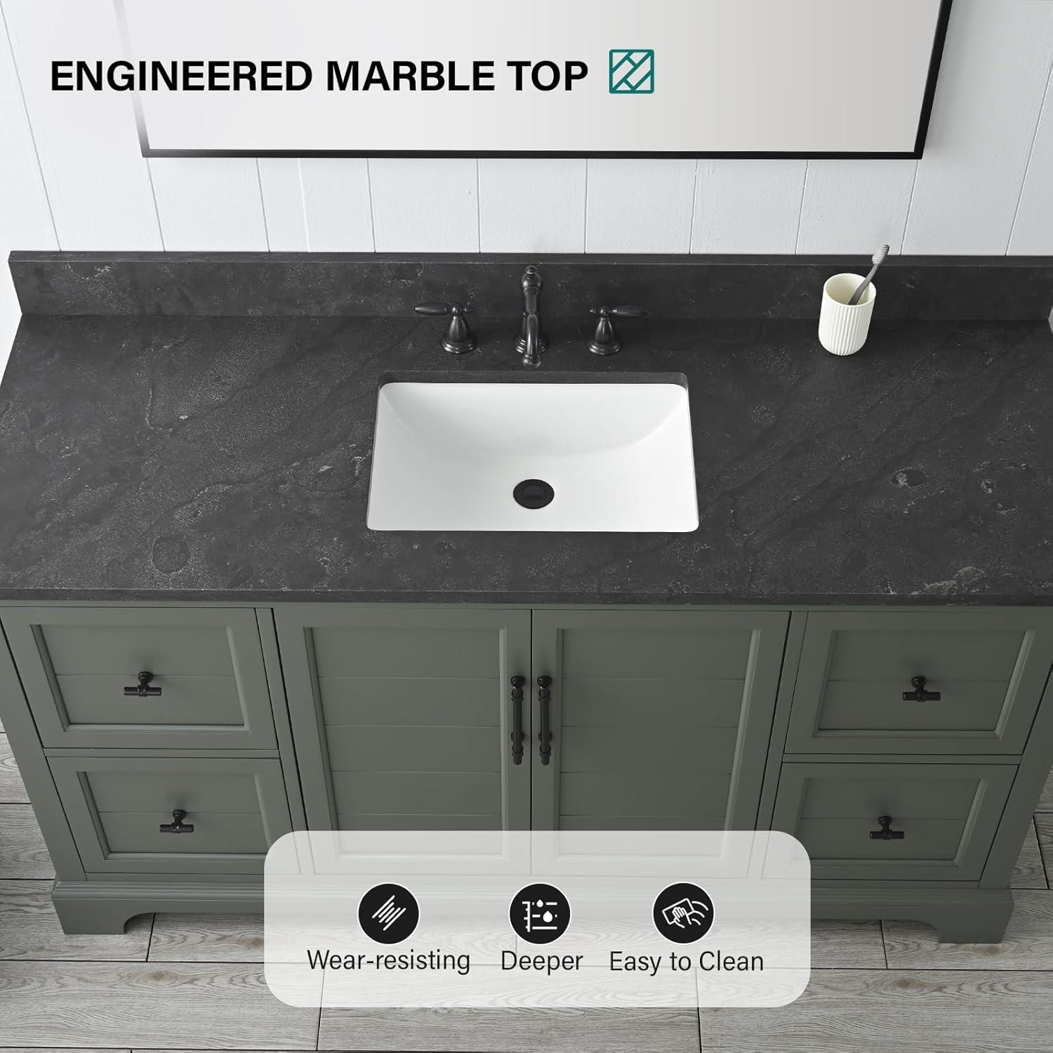 Vanity Art 60 Inch Single Sink Bathroom Vanity with Ceramic Sink and Stone Top | Undermount Rectangular Sink Cabinet Soft Closing Doors, Dovetailed Drawers, No Mirror VA5060-SVG