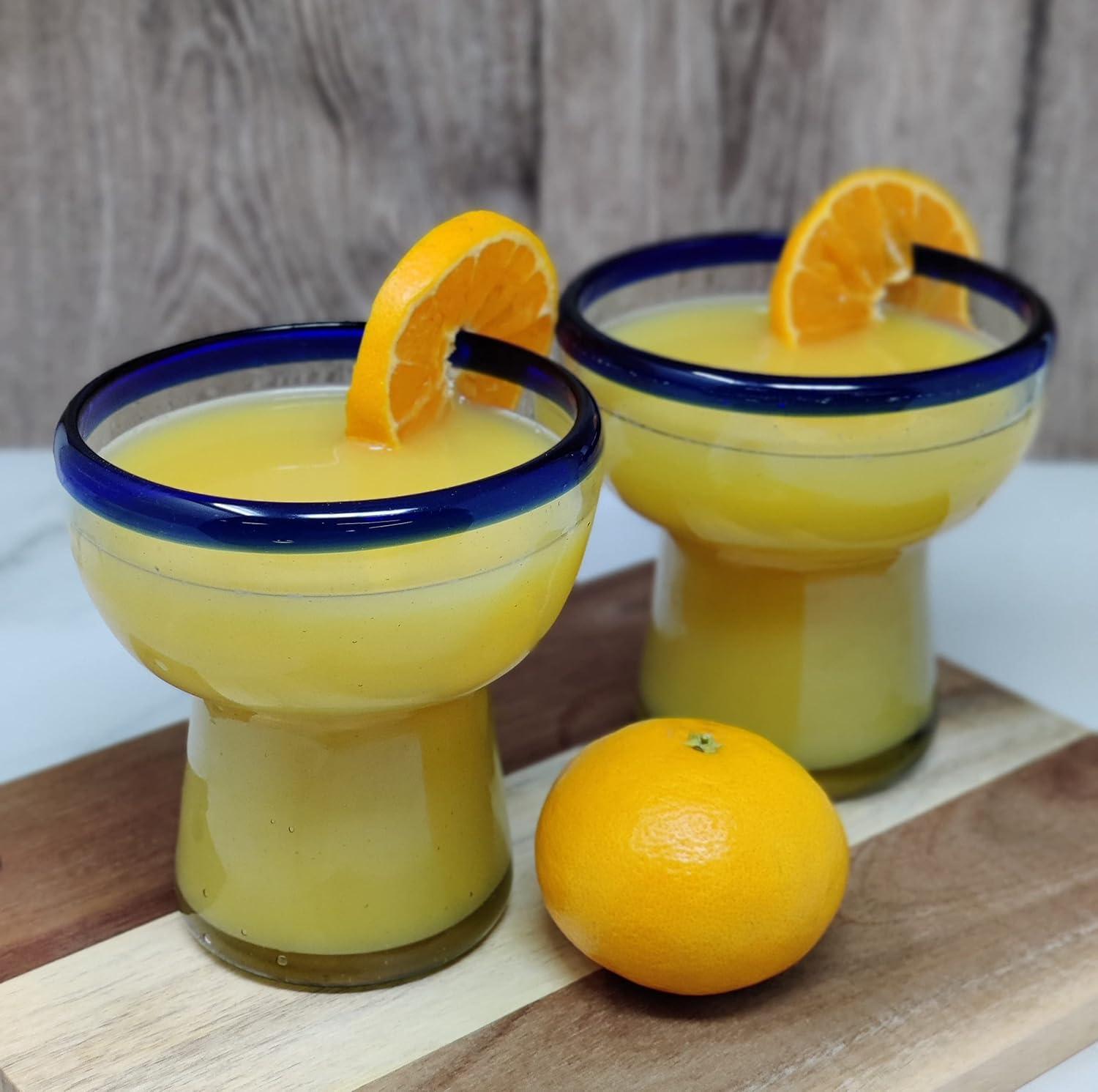 Longshore Tides Mexican Hand Blown Glass - Hand Blown Stemless Blue Rim Margarita Glasses (14oz) (Set of 4)