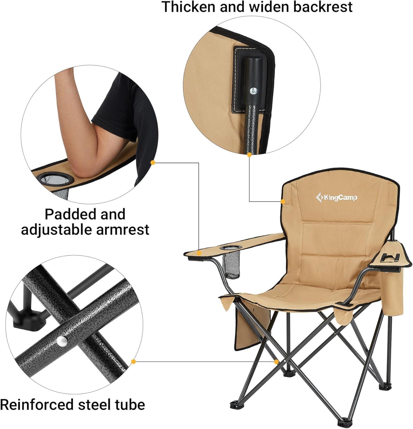 KingCamp Padded Portable Outdoor Folding Lounge Chairs with Built-In Cupholder, Insulated Cooler Sleeve, and Side Storage Pocket, Khaki (2 Pack)