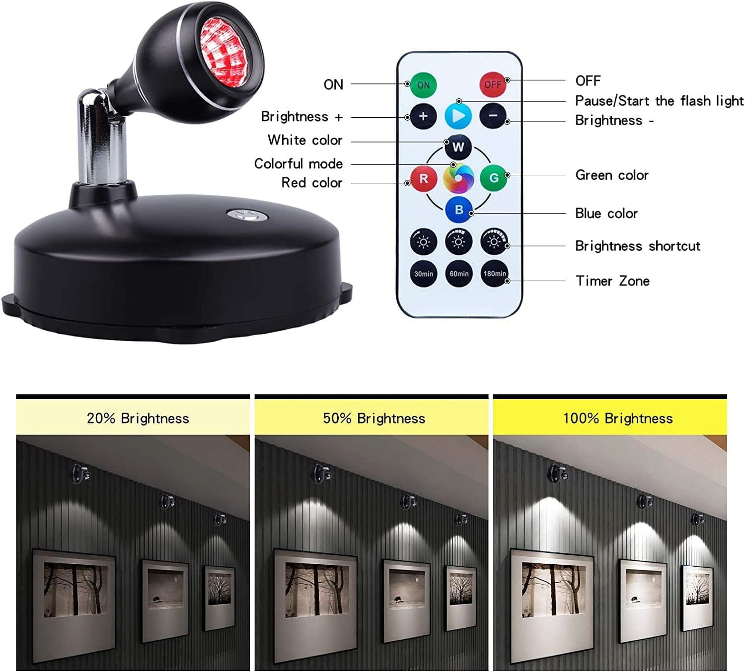 LED Spot Light Indoor, Battery Operated Led Light Stick Up Lights with Remote, Mini Spotlight Dimmable Accent Lights for Lighting up Paintings Pictures(RGB 2 Pack)