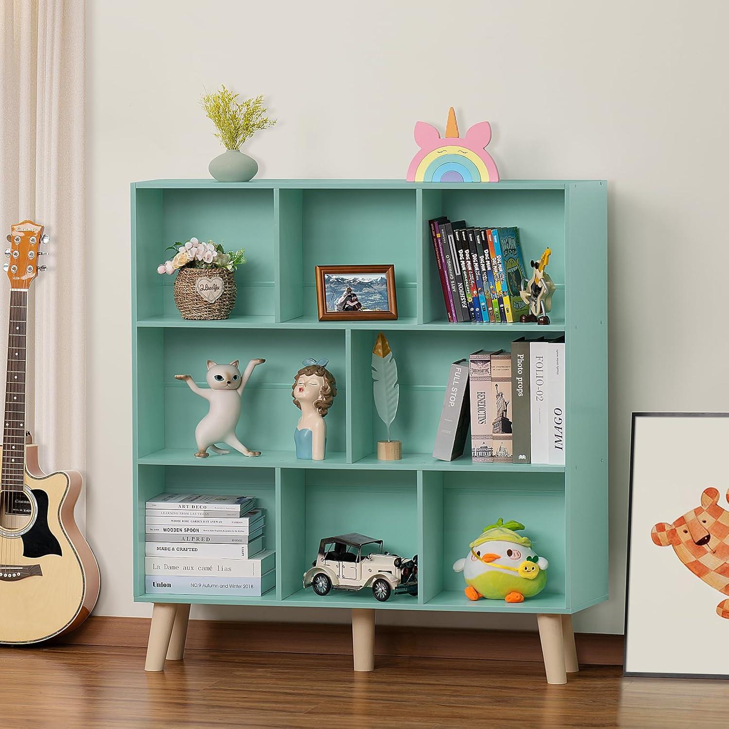 Satiny 7 Cube Bookshelf 3-Tier Bookcase with Legs, Mint-Green Kids Book Shelf Cute Storage Organizer, Toy Shelves Bookshelves,Wood Display Bookcases
