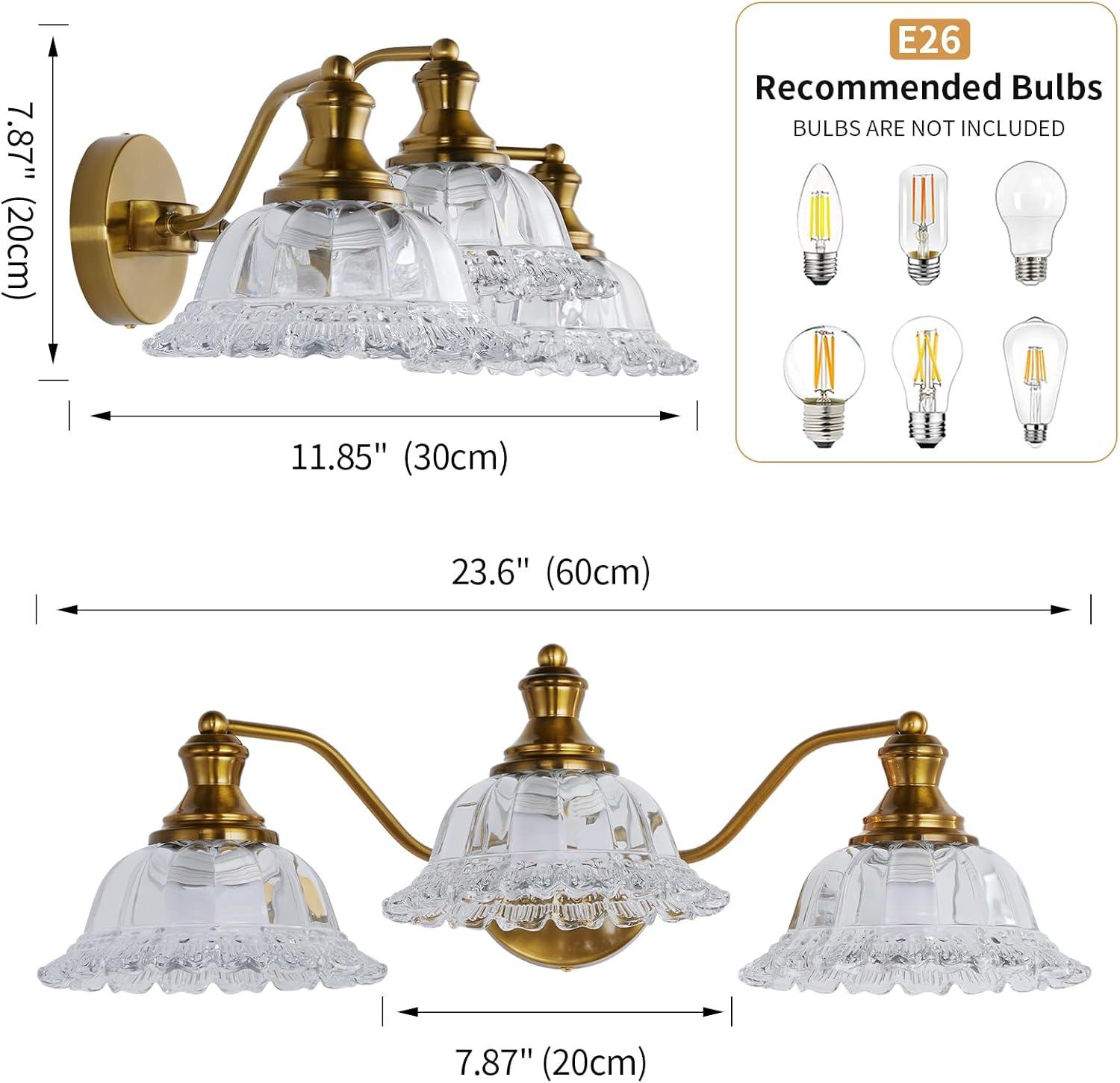 Matte Antique Brass 3-Light Vanity Fixture with Crystal Glass Shades