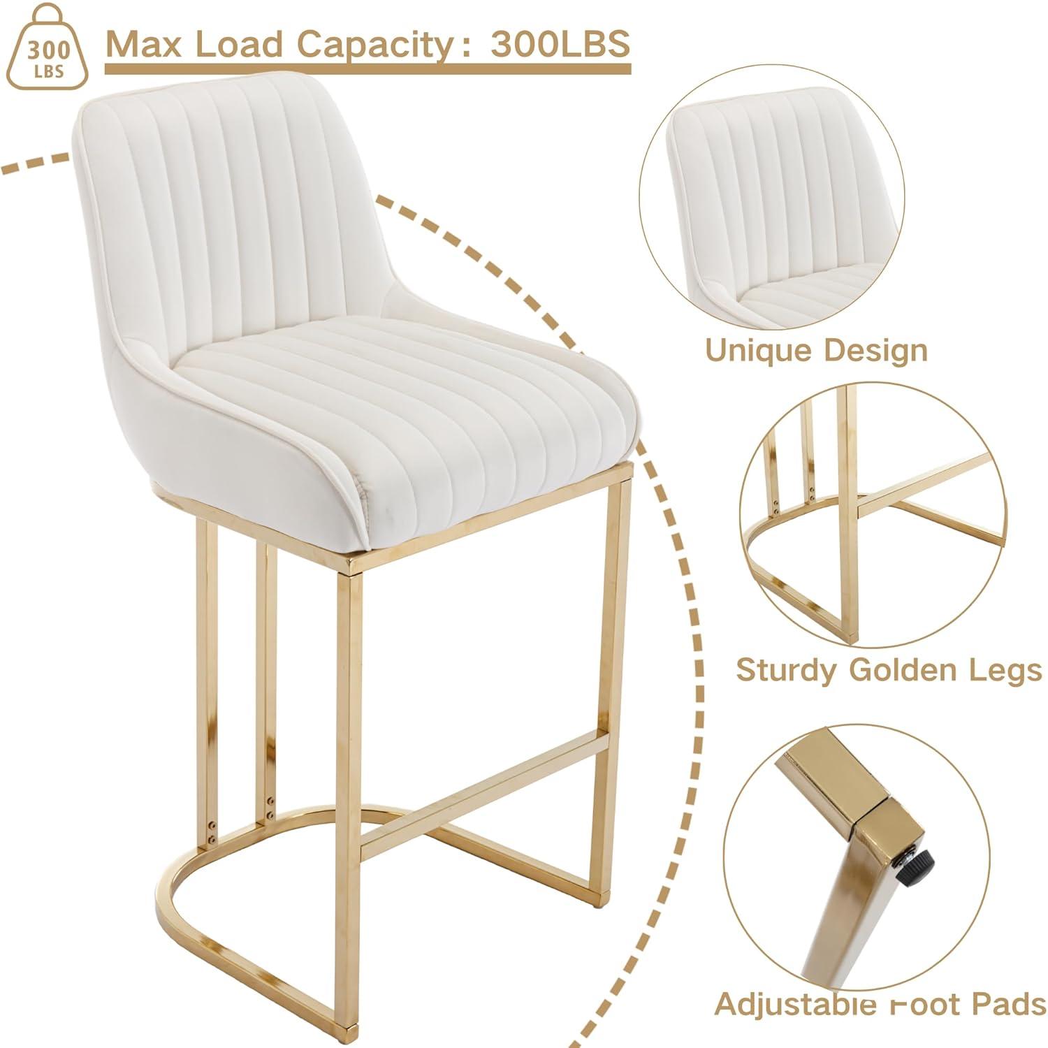 Counter Height Stools Set of 2, Velvet Bar Stools with 27 Inches Upholstered Seat Height, Handmade Woven Back Armrest, Sturdy Golden Metal Legs for Home Dining Pub Kitchen Island, Beige
