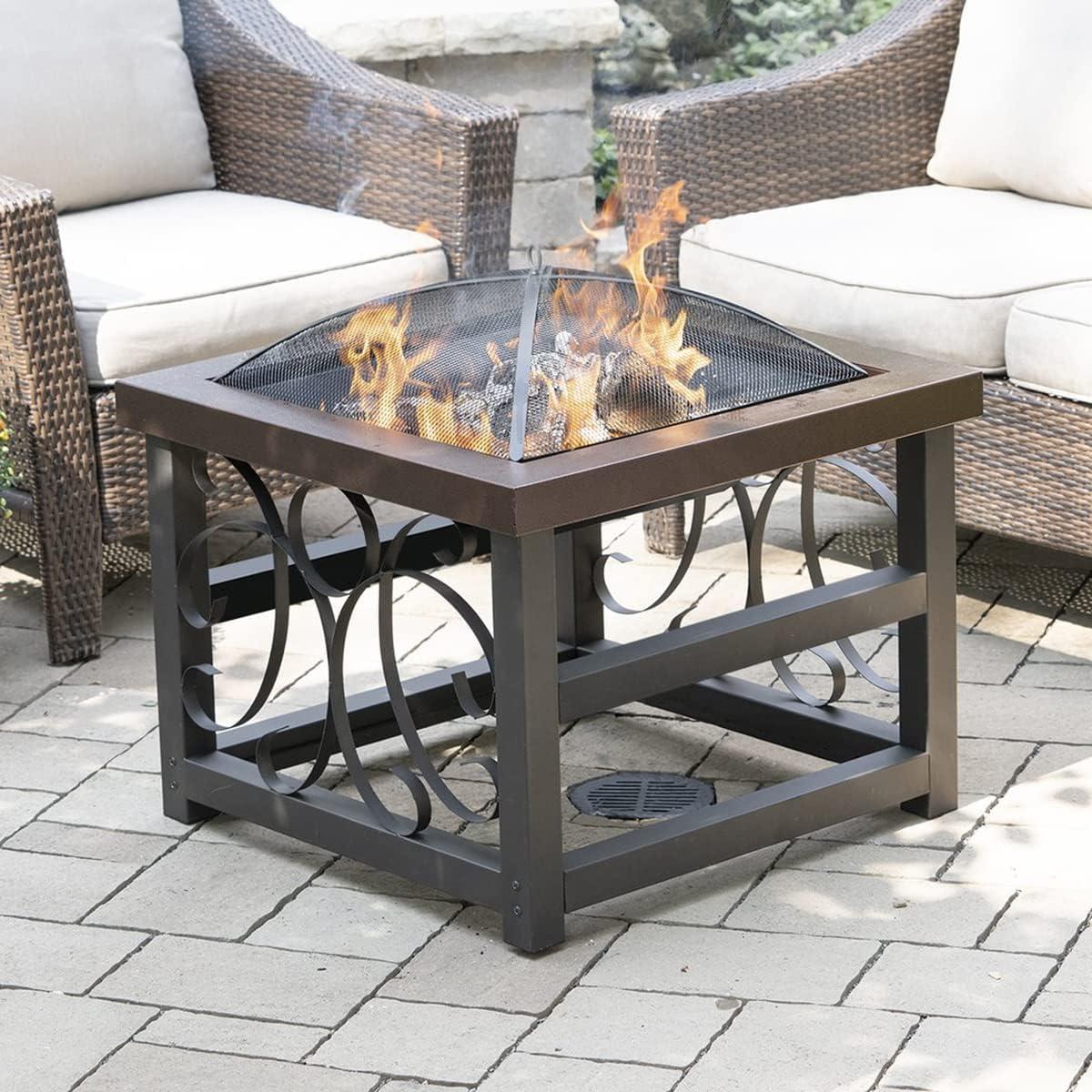 Blue Sky Outdoor Living 28” Square Raised Scroll Fire Pit with Log Grate, Spark Screen, and Lift, Tabletop-Style Steel Fire Pit, Bronze