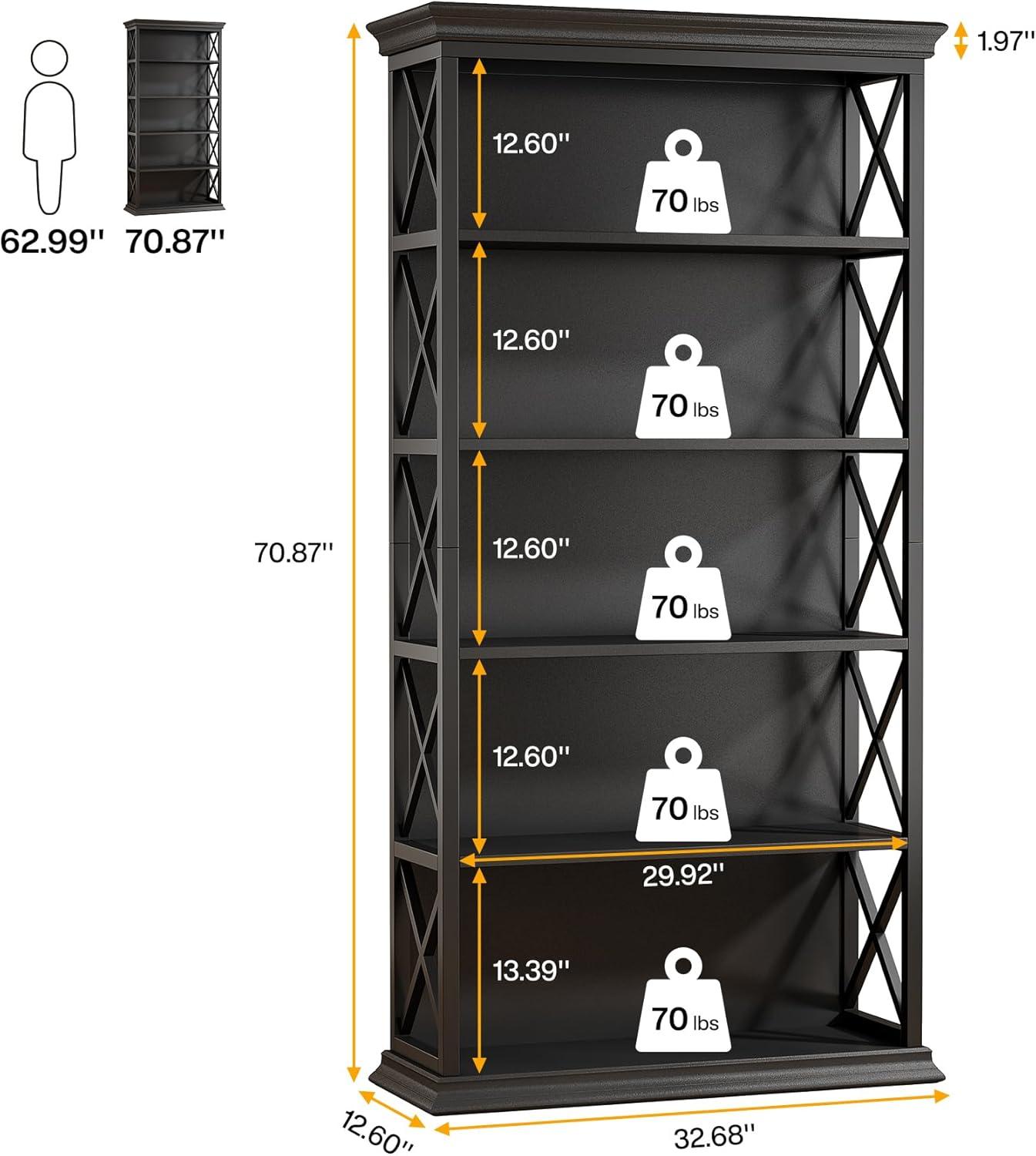 Tribesigns 71" Black 6-Tier Industrial Bookshelf with X Accents