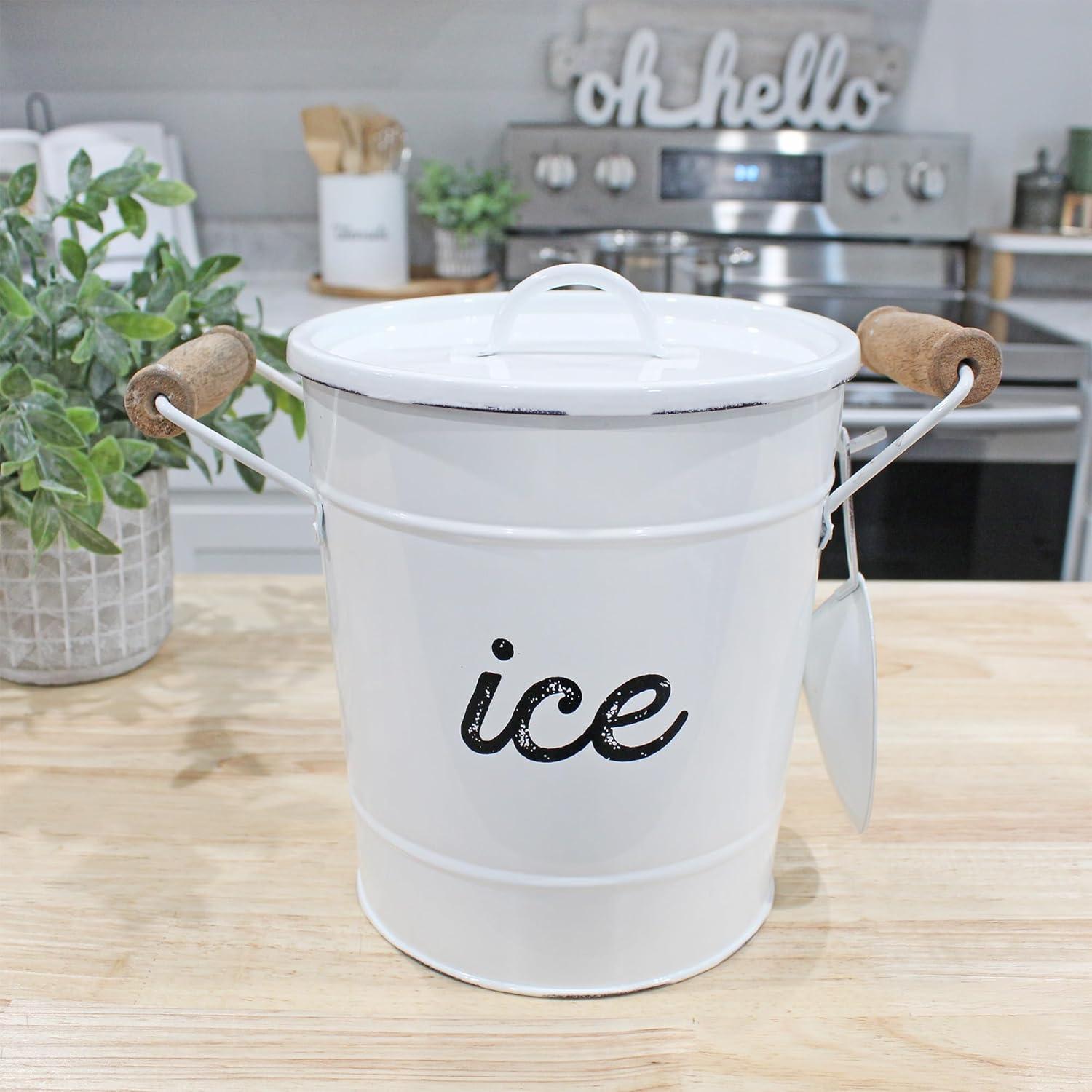 AuldHome Design White Farmhouse Enamelware Ice Bucket; Rustic Style Insulated Ice Server