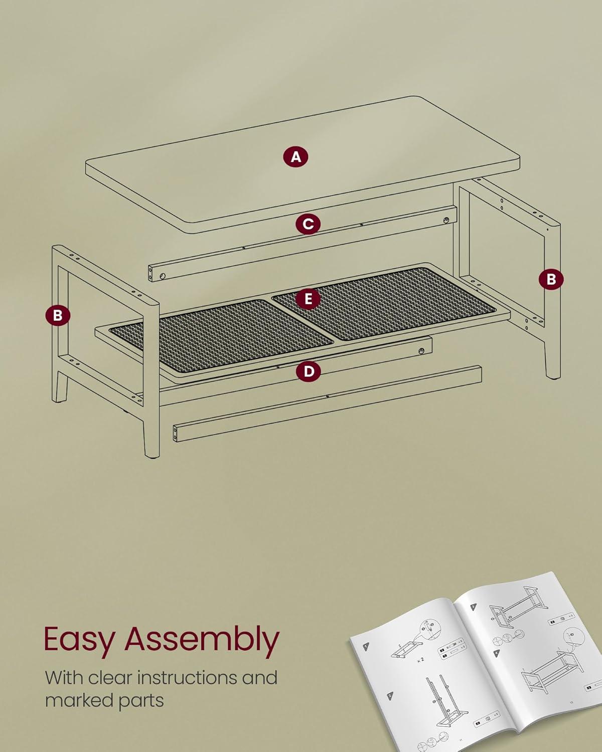VASAGLE 2-Tier Coffee Table for Living Room, Living Room Table Rectangular Center Table, with PVC Rattan Storage Shelf, Rounded Corners, Easy Assembly, Boho Style, Ash Black ULCT240B21
