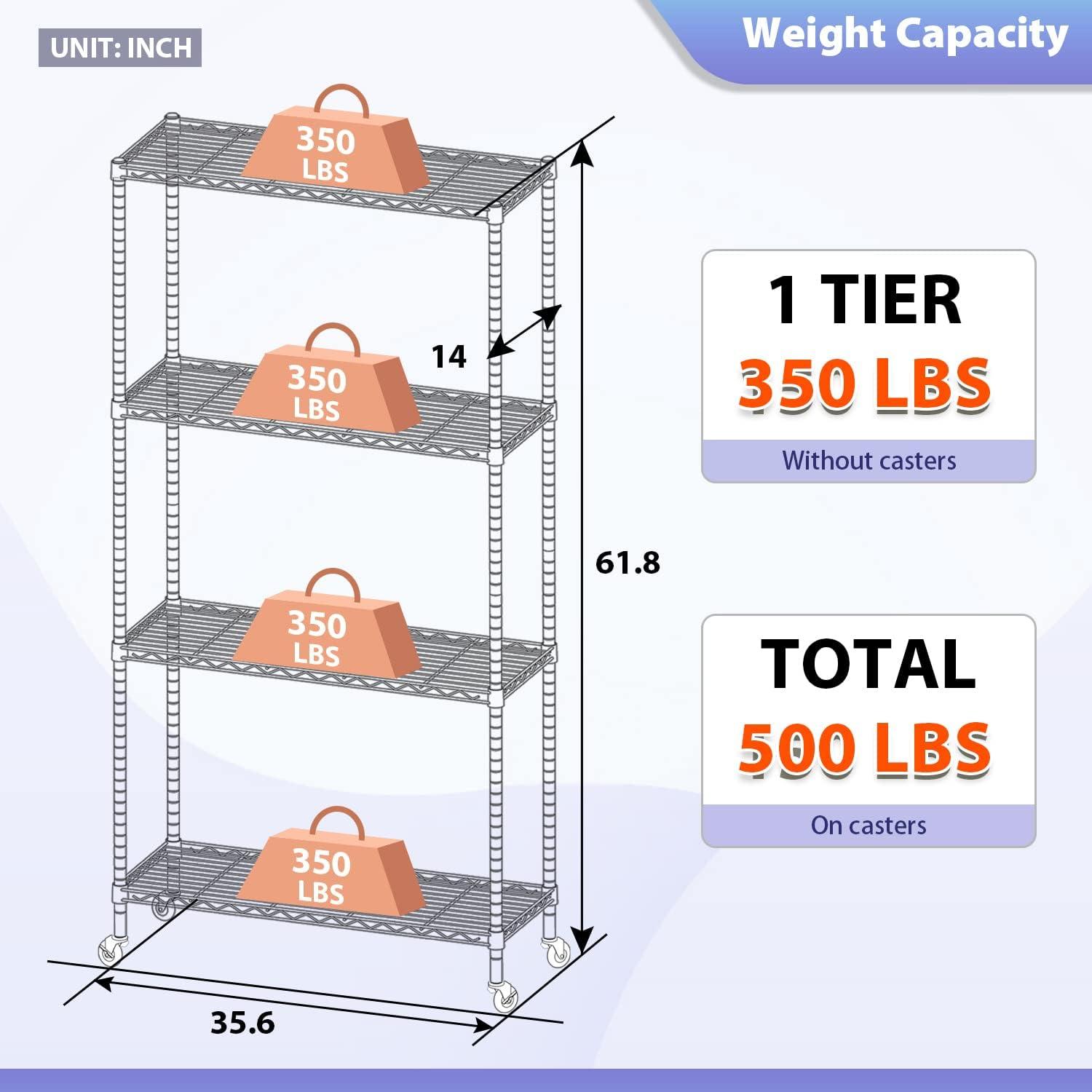 Adjustable Chrome 4-Tier Steel Wire Storage Rack with Wheels