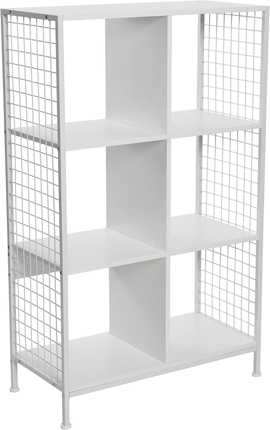 Household Essentials Cube Wall Shelves, 6 Cube Storage Wall Unit with Metal Mesh and High-Quality Engineered Wood with a Smooth White laminate Finish, Scandinavian White