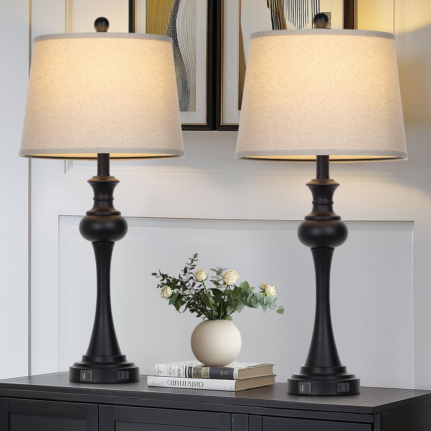 Black Touch Table Lamps with Light Oat Fabric Shades, Set of 2