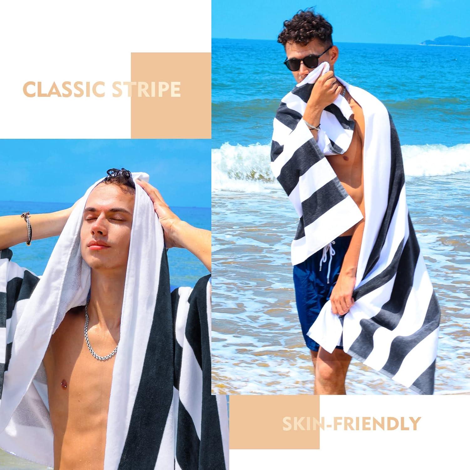 Exclusivo Mezcla Cotton Oversized 35"x70" Cabana Stripe Beach Towel, Super Absorbent Soft Plush Pool Towel, Bath Towel (Charcoal Grey)