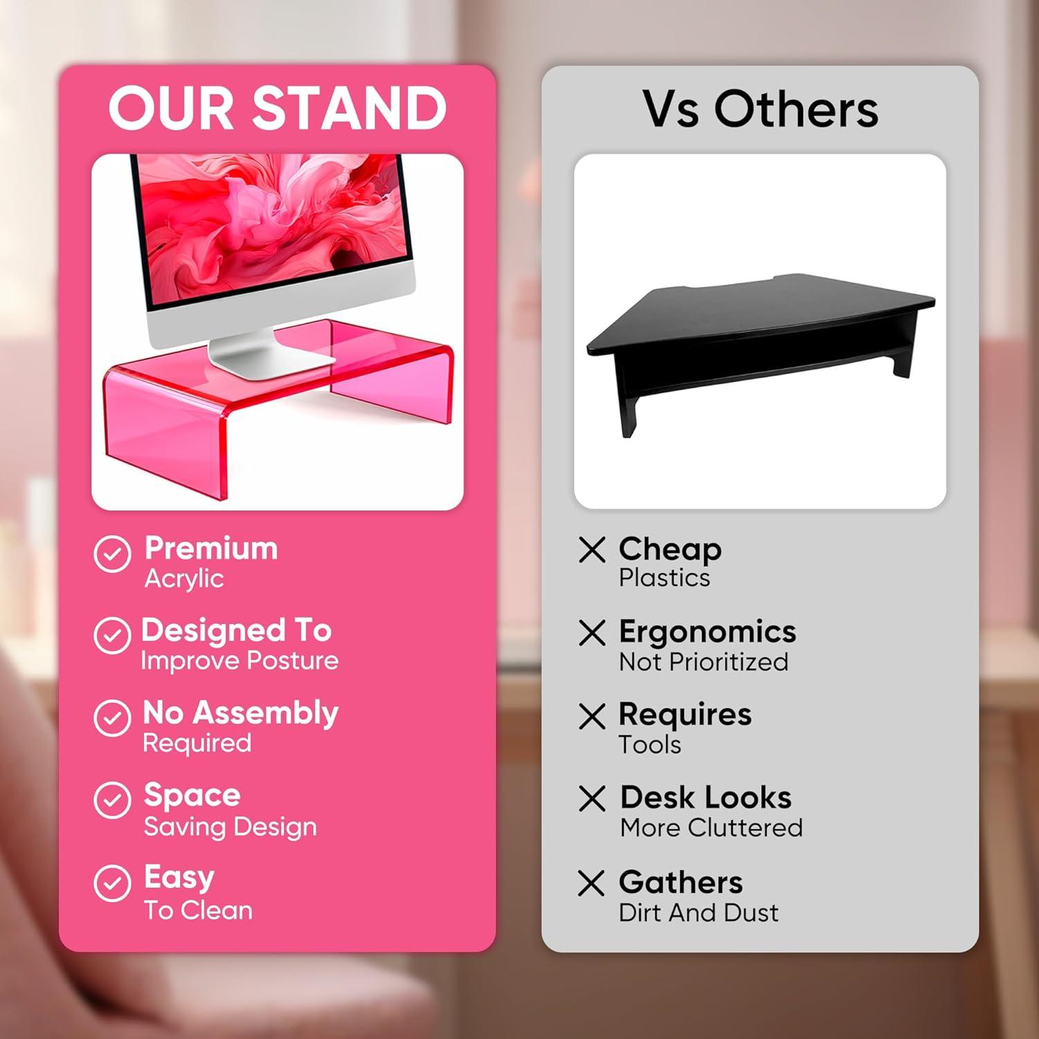 NovaMode Acrylic Monitor Stand - Ergonomic Desk Riser for Better Posture, Stylish & Modern Desktop Organizer, Computer Desk Stand for Monitors & Laptop - Bright Pink