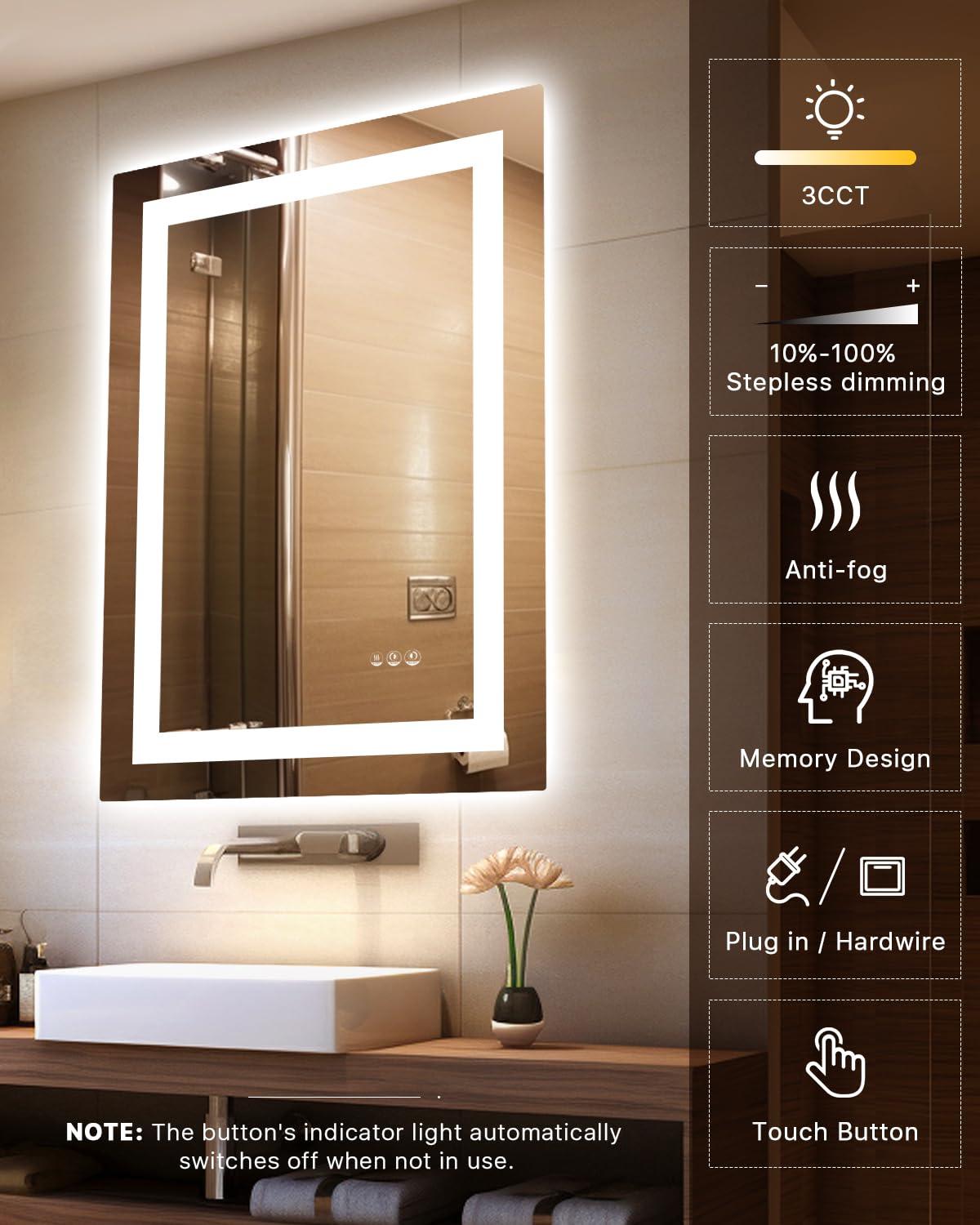 Amorho LED Mirror for Bathroom, 24"X32" with Front and Backlight, Stepless Dimmable Wall Mirrors with Anti-Fog, Shatter-Proof, Memory, 3 Colors, Double LED Vanity Mirror(Horizontal/Vertical)