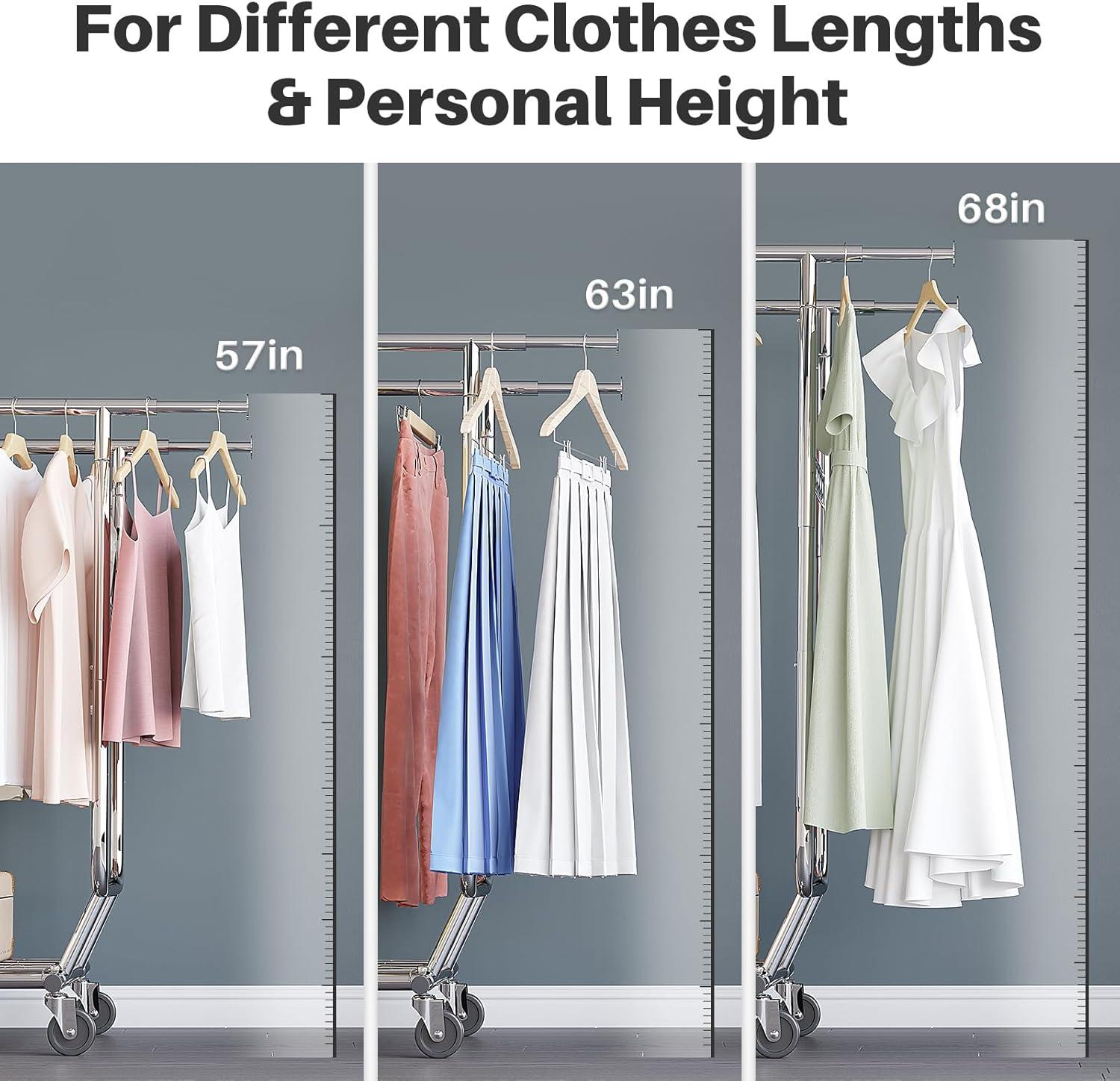 HOKEEPER Double Clothing Garment Rack with Shelves Capacity 600 lbs Clothing Racks on Wheels Rolling Clothes Rack for Hanging Clothes Heavy Duty Portable Collapsible Commercial Garment Rack Chrome