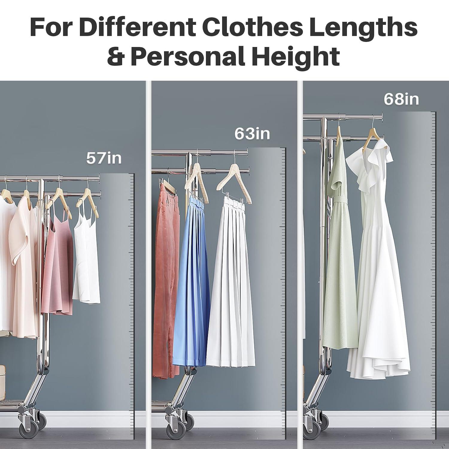 HOKEEPER Double Clothing Garment Rack with Shelves Capacity 600 lbs Clothing Racks on Wheels Rolling Clothes Rack for Hanging Clothes Heavy Duty Portable Collapsible Commercial Garment Rack Chrome