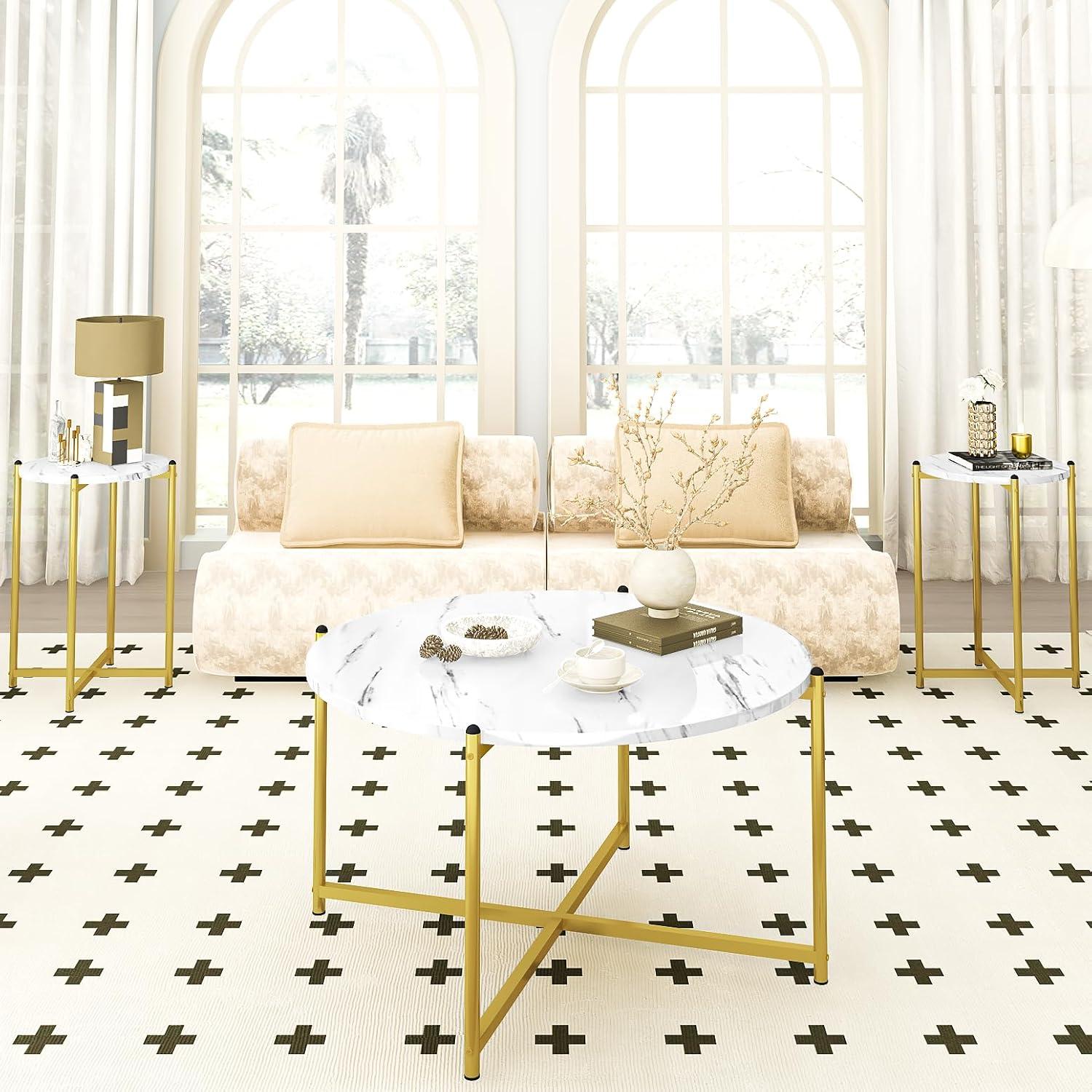 Modern White Faux Marble and Gold 3-Piece Coffee Table Set