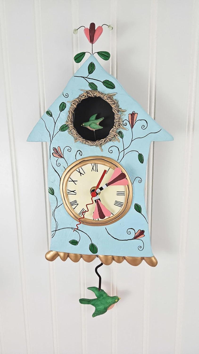 Enesco Allen Designs Birdhouse with Flowers Cuckoo Wall Clock - Battery Operated Pendulum Analog Clock, Stone Resin Decorative Clocks for Walls Home Decor Kitchen Clocks, 14.9 Inch