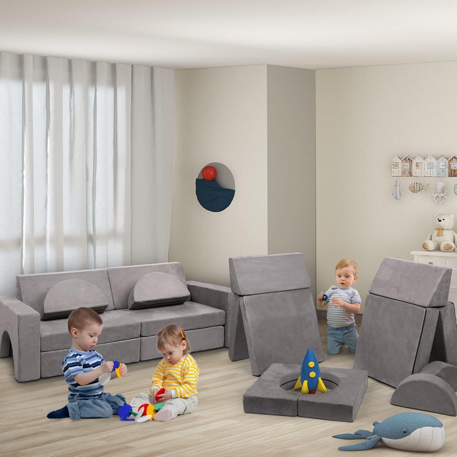 Tolead Modular Kids Play Couch Child Sectional Sofa, Imaginative Furniture Play Set for Creative Kids,Toddler to Teen Bedroom Furniture, Girls and Boys Playroom Convertible Sofa, Gray