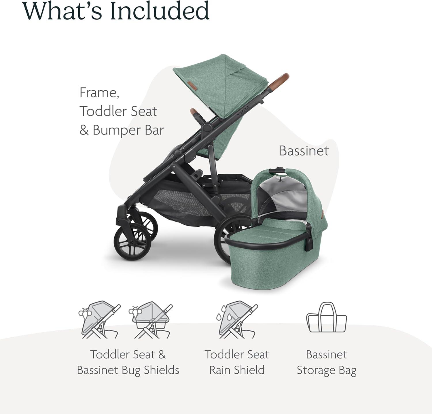 Green Mélange All-Terrain Bassinet Stroller with Leather Accents