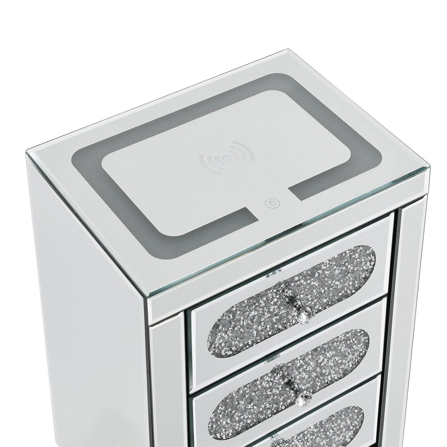 COSVALVE 3 Drawers Mirrored Nightstand Silver Glass Crystal Design Rectangle End Table with Wireless Charging Station, LED Lights, Charge USB Port
