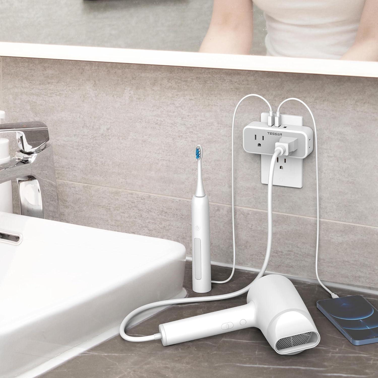 Compact White Multi Plug Wall Outlet Extender with USB Ports