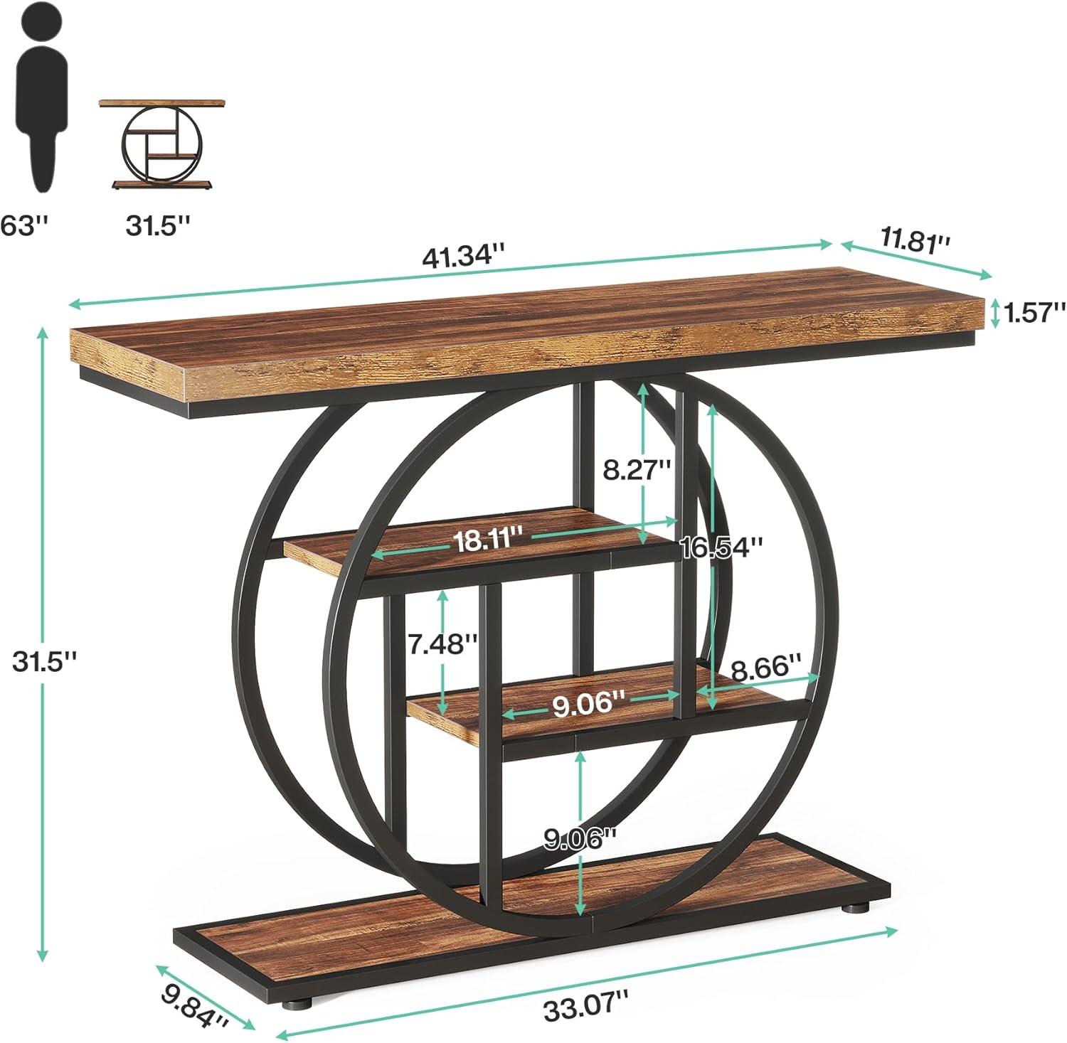 Rustic Brown Industrial 4-Tier Console Table with Circle Base